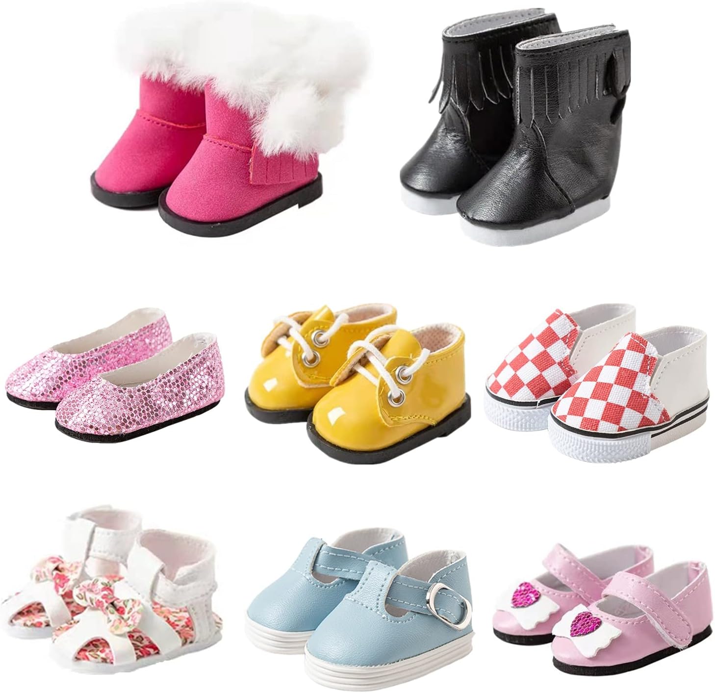 8 Pairs Doll Shoes Fit 14.5 inch American Doll Wellie Wishers Doll Including Boots, Sandals, Sneakers, Leather Shoes, etc