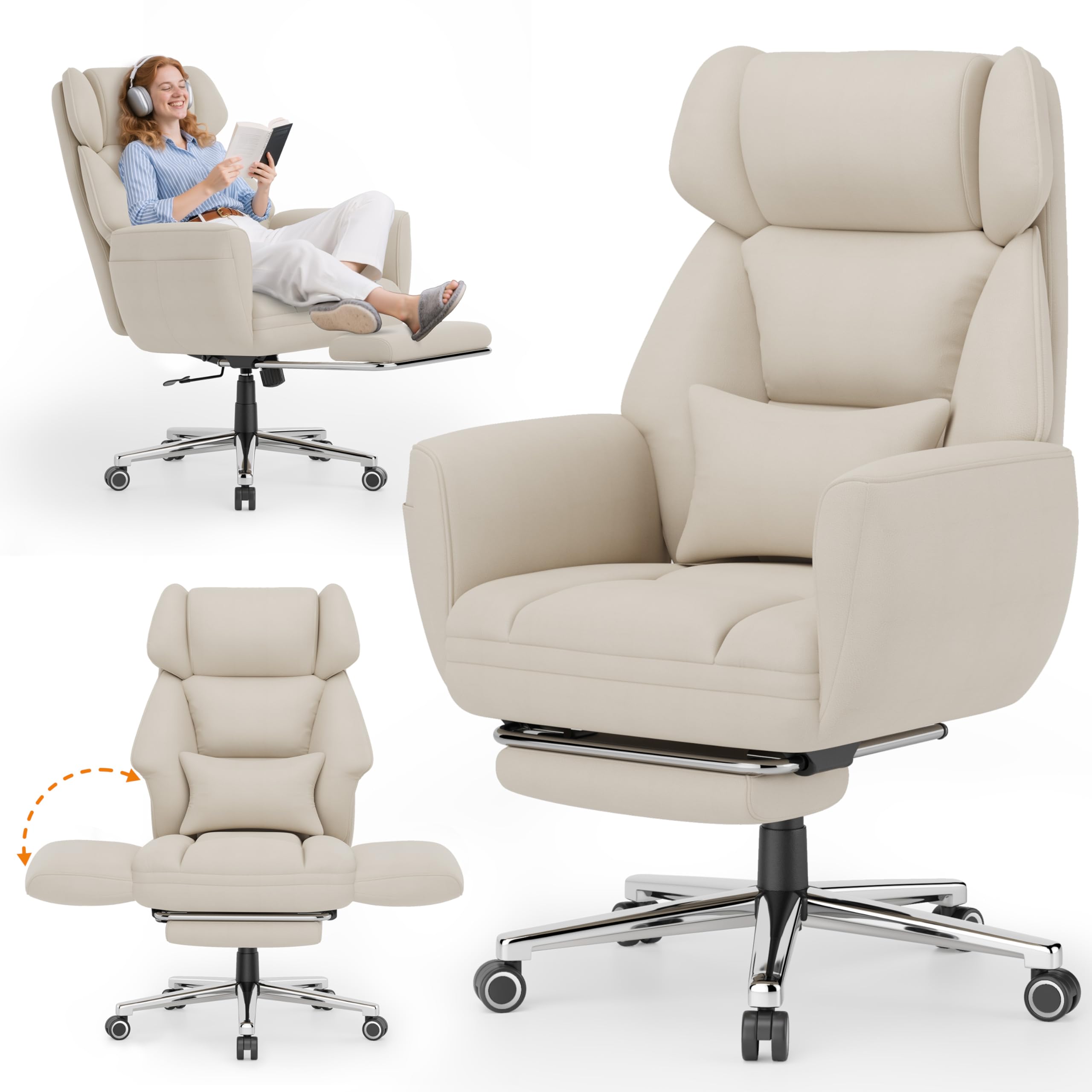 GABRYLLY Office Criss Cross Chair with Footrest, Big and Tall Executive Chair with Wide Seat,Reversible Armrest,Wheels, Lumbar Pillow and 120°Tilt,Computer Desk Chair for Gaming,Meditation,Ivory