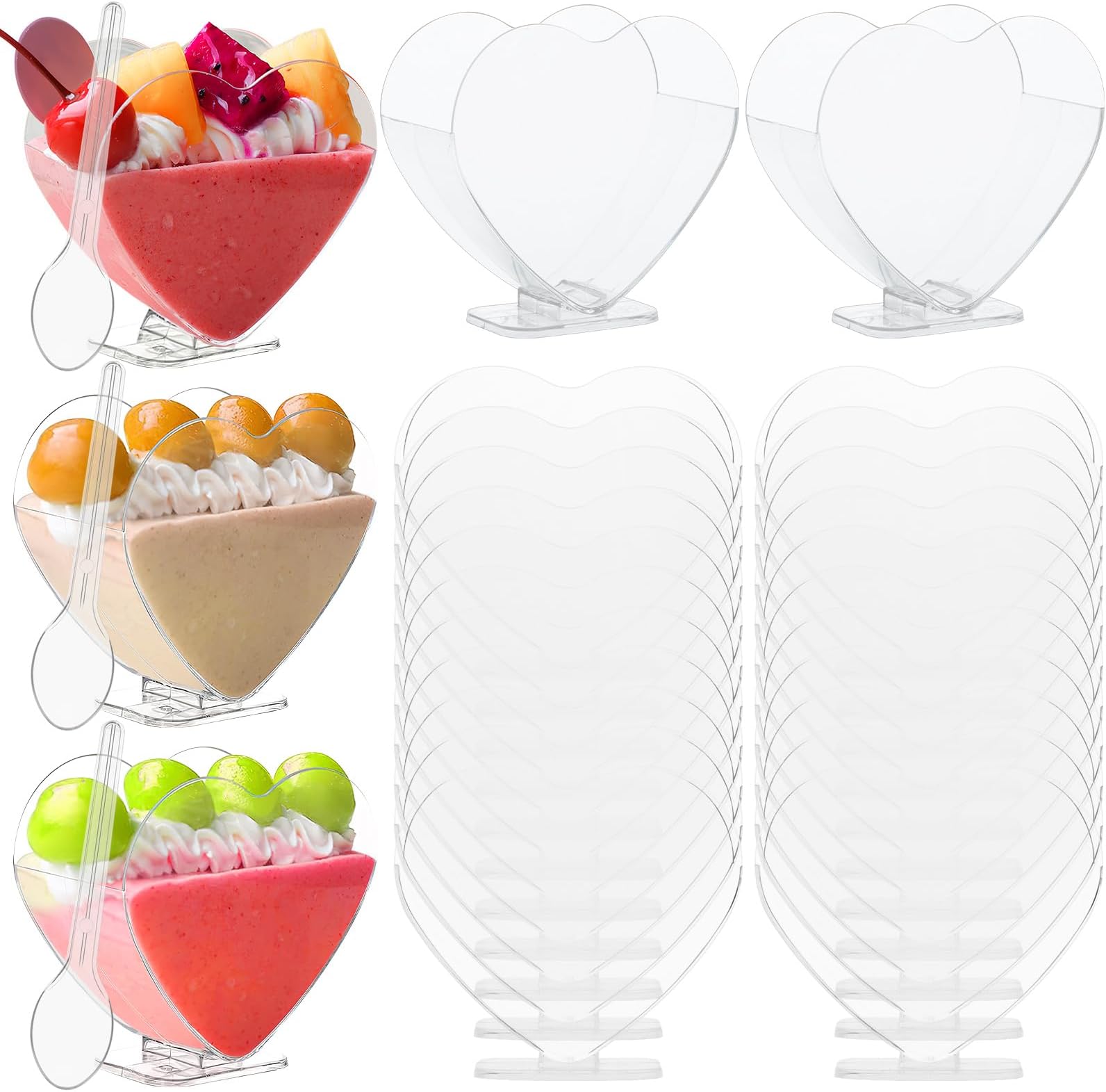 100 Pack Mini Plastic Heart Shaped Dessert Cups Set, 2.7 oz Parfait Cups with Spoons Disposable Clear Plastic Dessert Cups Appetizers Pudding Fruit Serve Cup for Valentine's Day Wedding Party Supplies