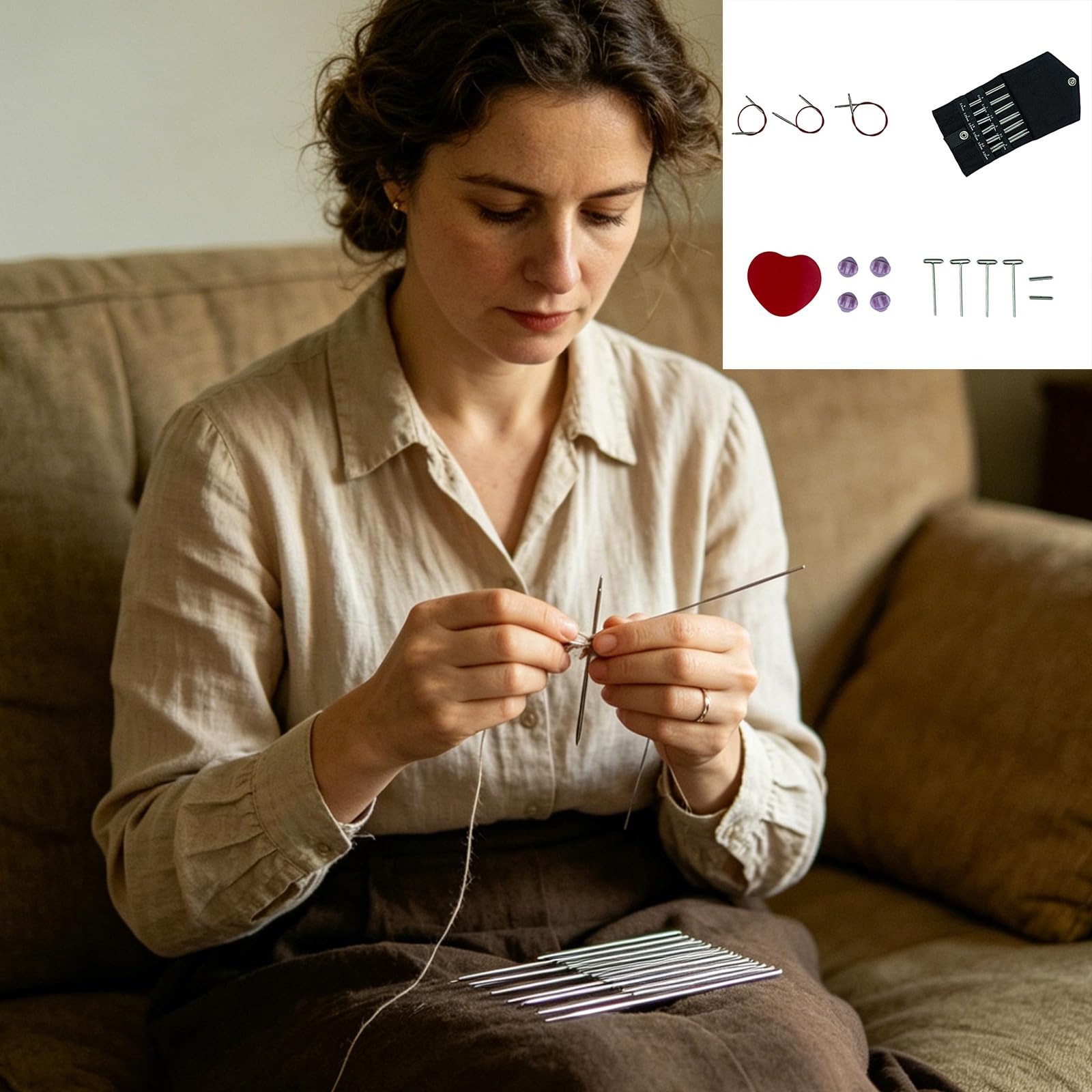 Juego de agujas de tejer circulares de varios tamaños con puntas intercambiables de acero inoxidable y cables flexibles, formato de aguja compacto para usuarios de manualidades de hilo, juego de punto