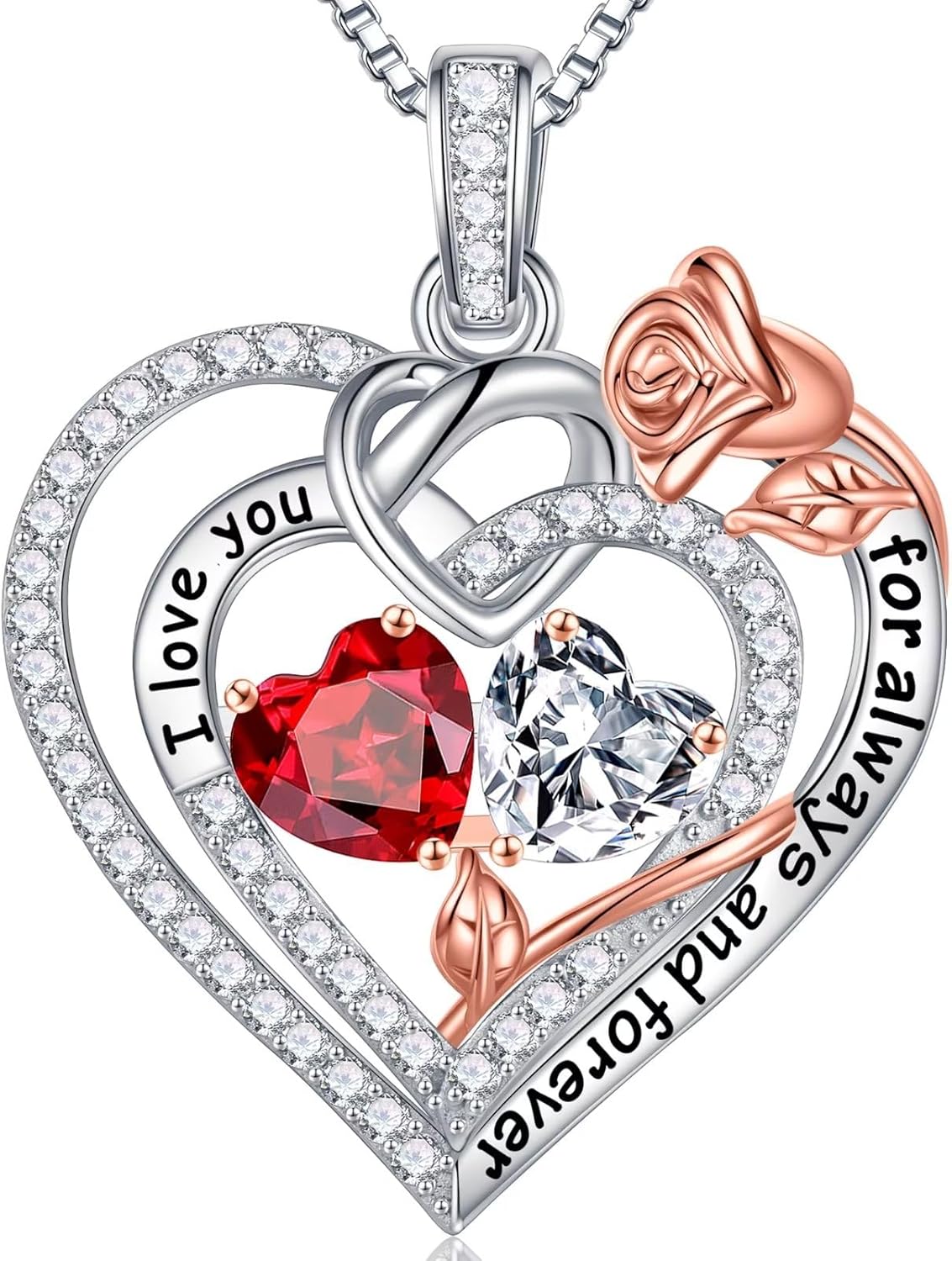 Iefil Rose Heart Necklace Gifts for Wife Women - 925 Sterling Silver Double Birthstone Necklace, Anniversary Birthday Gifts for Women, Jewelry Gift for Wife Girlfriend Mom Her