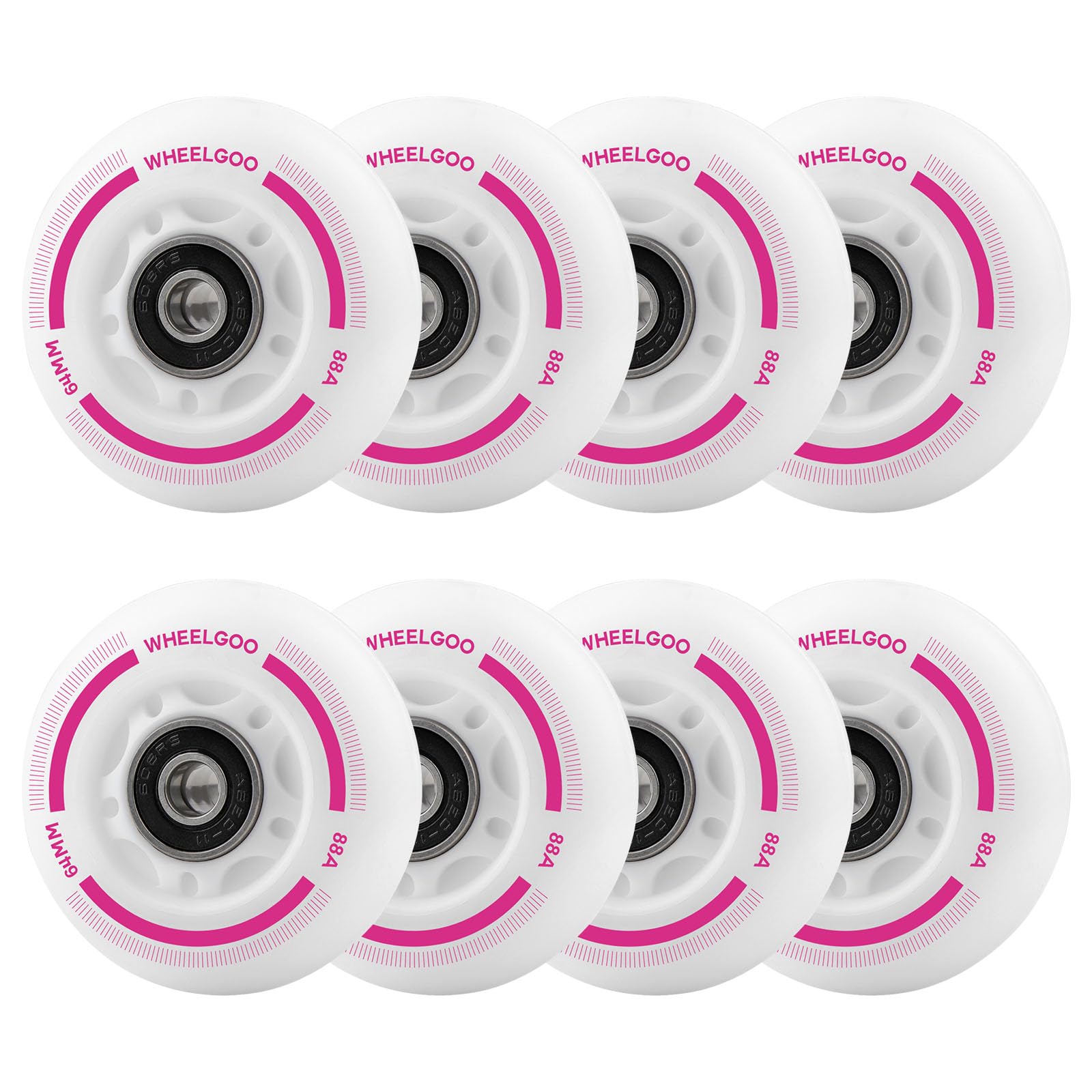 WHEELGOO 8-Pack LED Light Up Inline Skate Wheels for Kids & Teens, No Battery, PU Wheels with 608RS Bearings, Evening & Night Skating (Pink, 64mm)