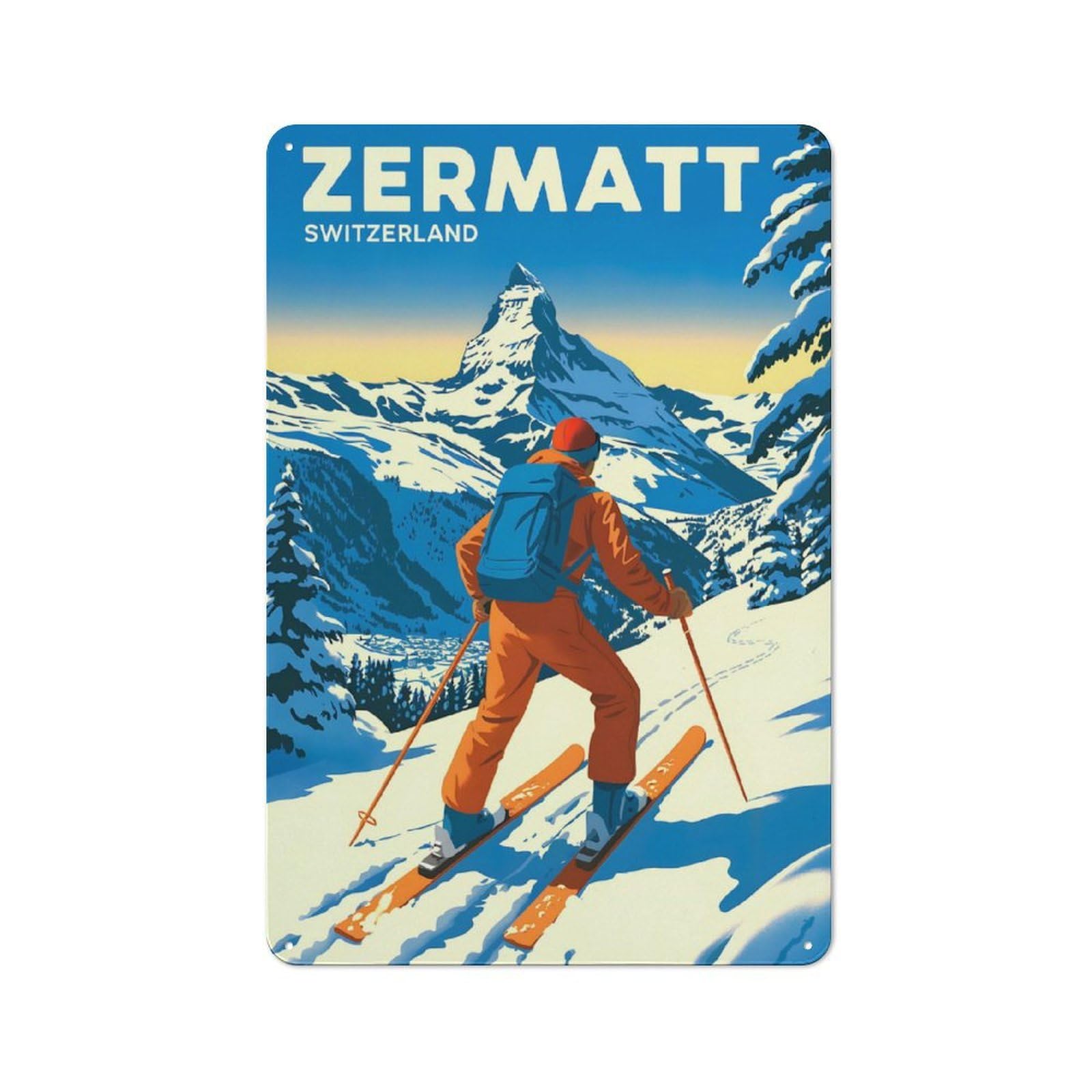 Junmoney Style-23 Zermatt Switzerland Skiing Vintage Retro Metal Sign 30X20cm For Dining Room Or Kitchen, Suited To Dining Room Decor Fans