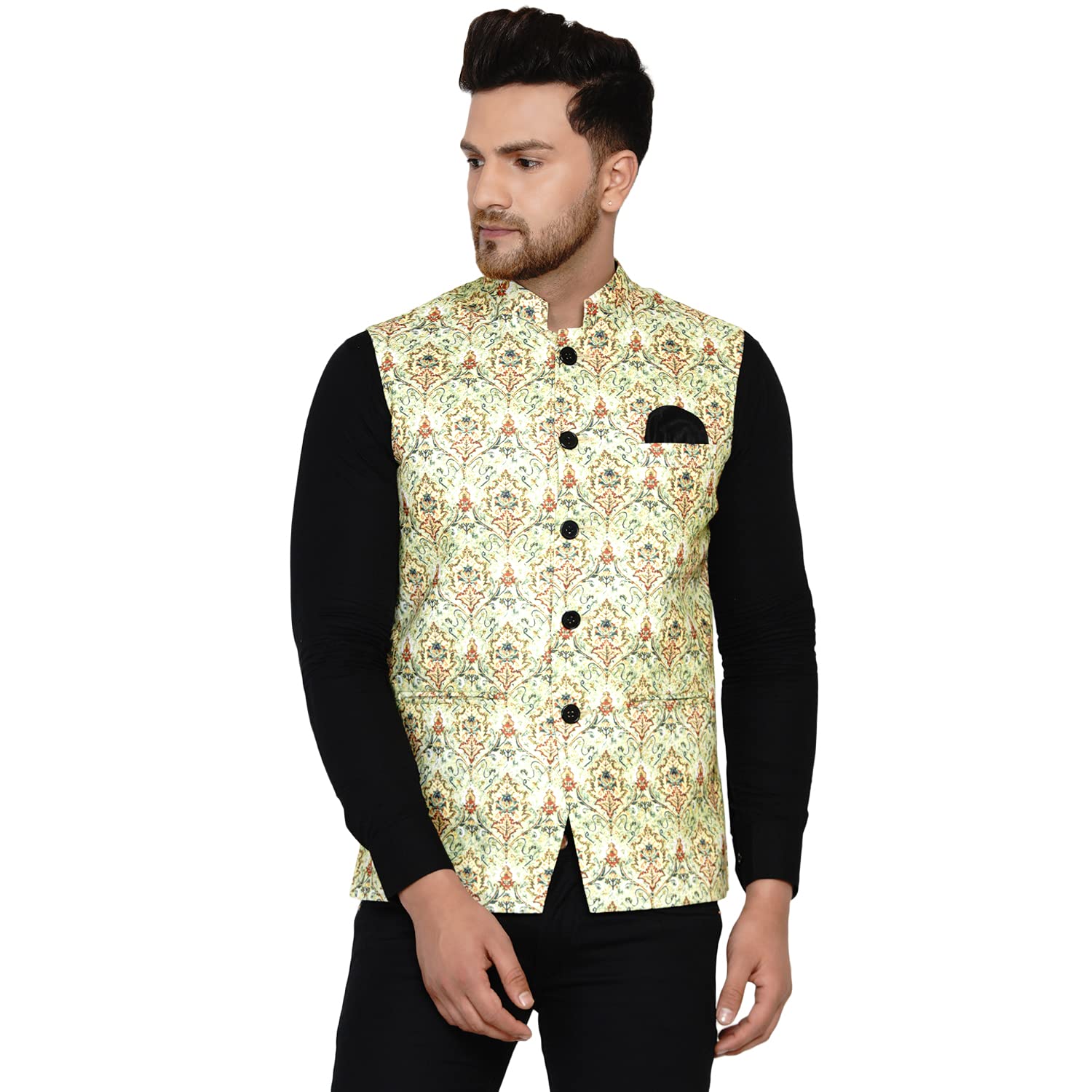 veera paridhaan Men's Cotton Printed Nehru Jacket (Green)-picture-29