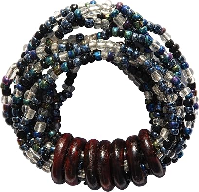 Beaded Bali Bracelet Clear, Hematite Rainbow Chrome Mix Handcrafted 10-Strand Elastic Stretchy Womens Jewelry with Wood Rings Size 6.5-7.5 inch with GIFT BOX