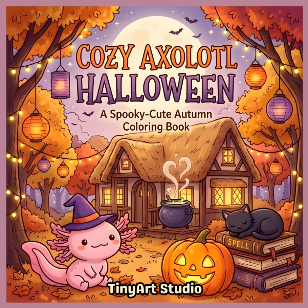 Cozy Axolotl Halloween: A Cute Spooky Coloring Book for Adults: Relaxing Kawaii Halloween Scenes, Pumpkins, Witchy Magic, Cozy Autumn Vibes, and Cute Animal Friends