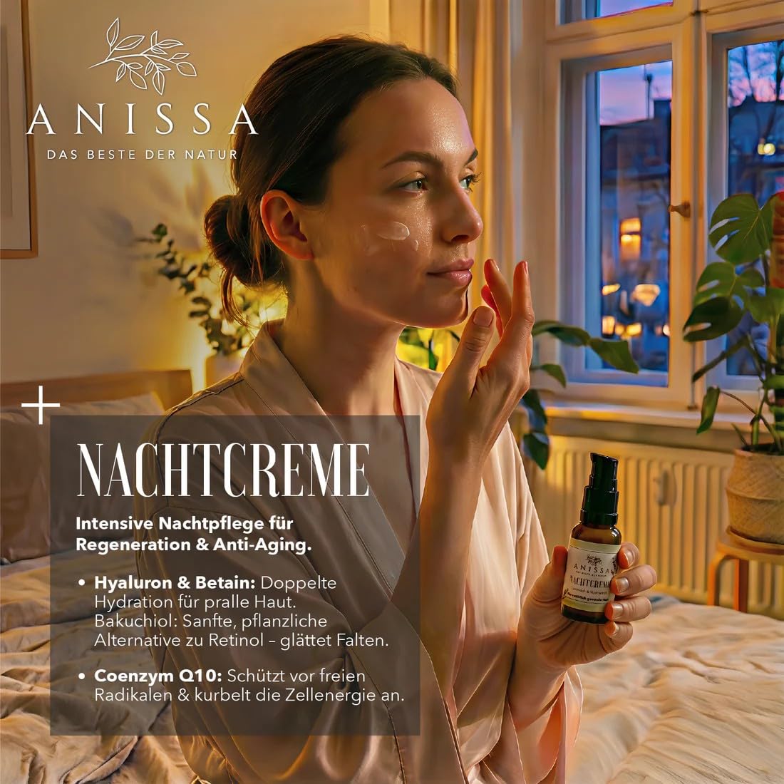 ANISSA Crema da notte viso a partire da 40, 50, 60, vegana e senza profumo, crema per la cura notturna, con effetto Q10, anti-invecchiamento, con ingredienti naturali, Made in Germany, per la pelle