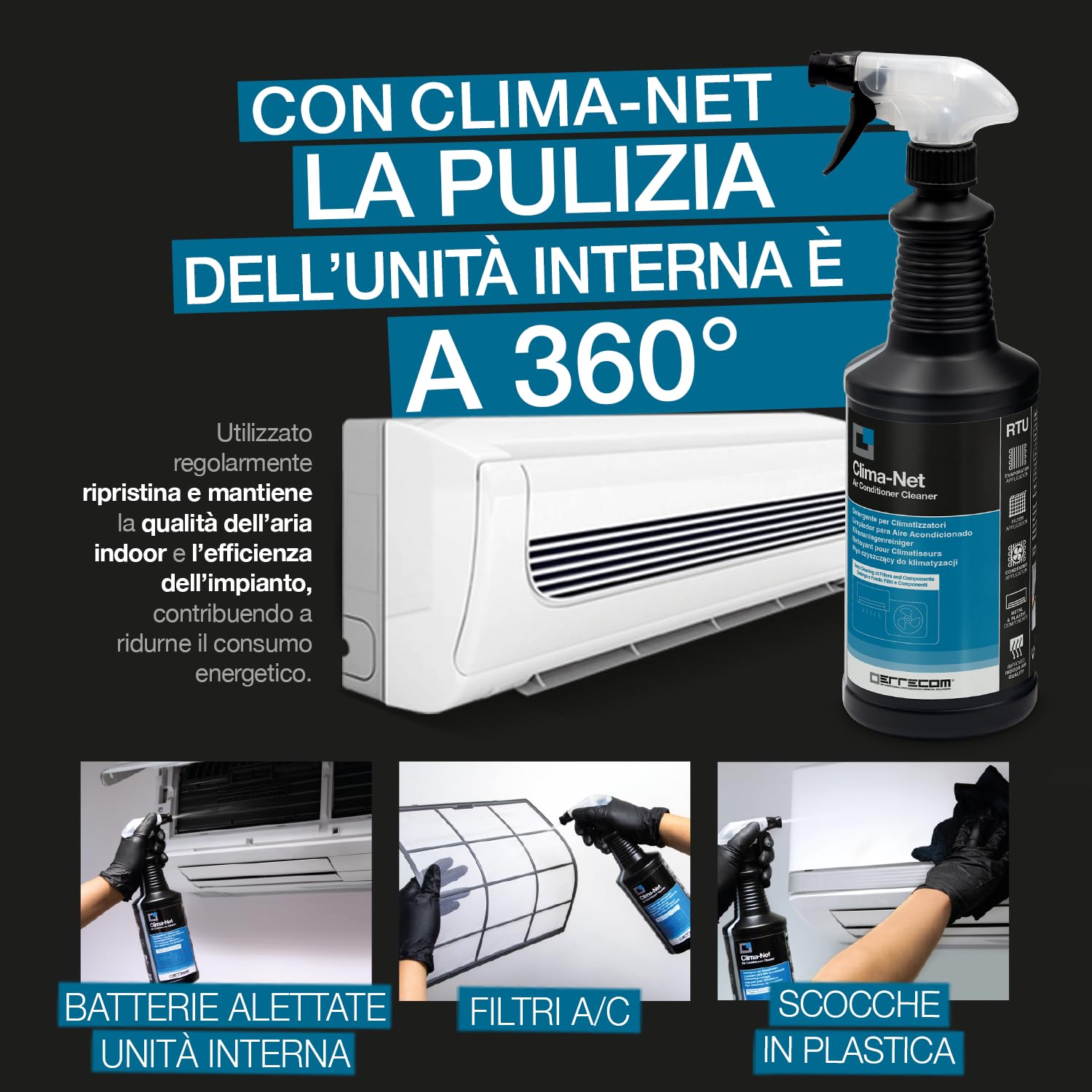 Errecom Kit nettoyage complet climatisation, avec Clima-Net 1L et housse Wally pour unité intérieure et filtres, Bio-Acid et Bio-Alkaline 2L détergents pour unité extérieure, gants