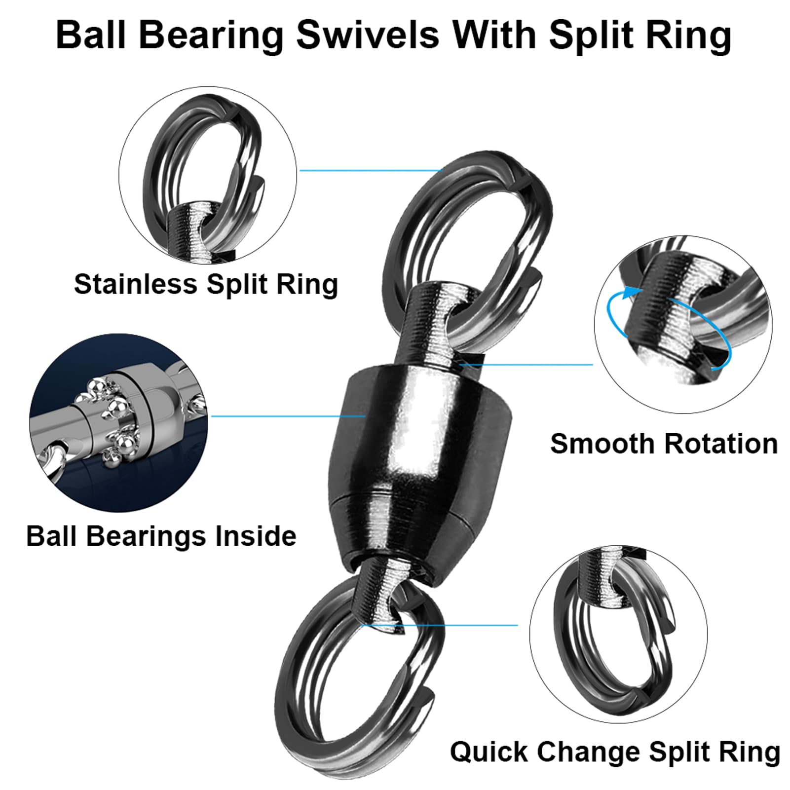 QISHUO Ball Rolling Bearing Swivel Saltwater High Strength Fishing Swivel Steel Bearing Connector Fishing Swivels Stainless Black Nickel 25pcs 8lbs