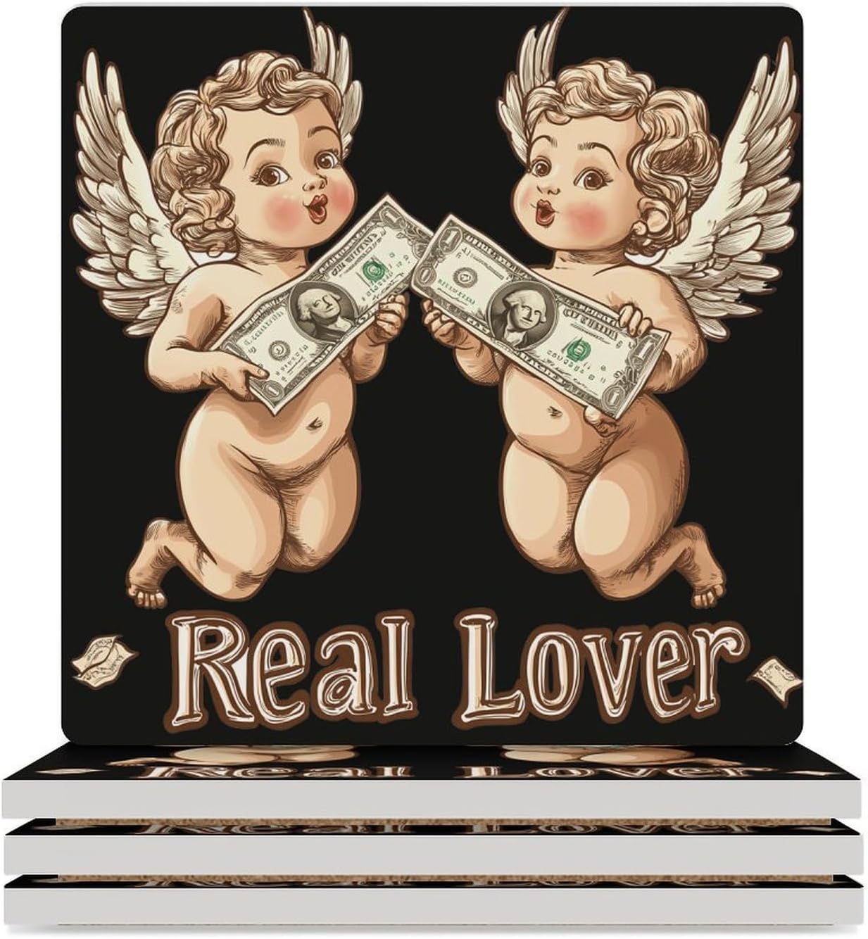 an-gels Dollar Bill Ceramic Coasters Set Square Drink Coasters Table Coaster for Kitchen Desktop Decor