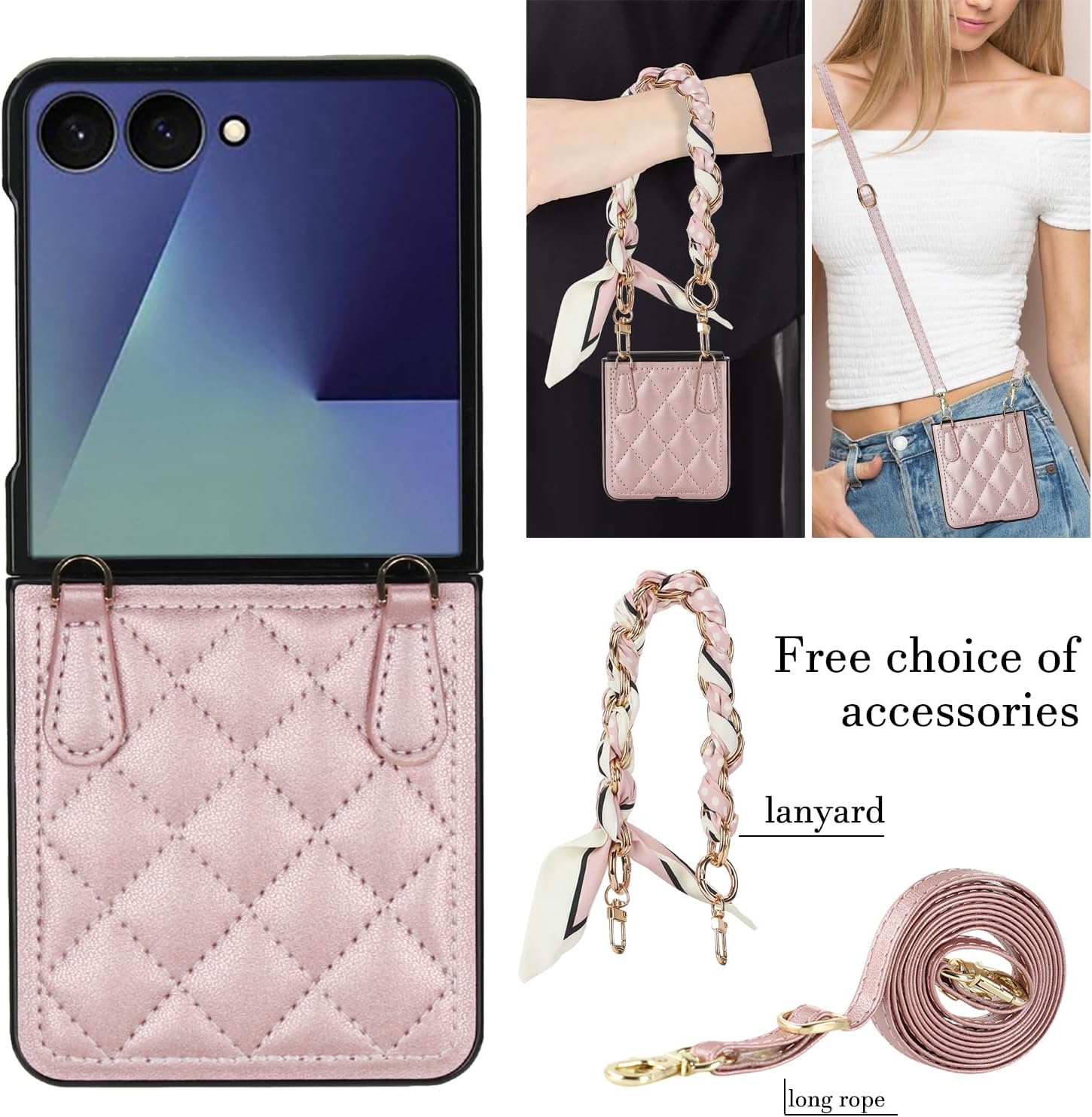 Slim Fit Galaxy Z Flip 7 Case for Women Girls with Wrist Strap, Cute Scarf Style Lanyard Hard PC Back Drop Proof Shockproof Protective Phone Cover for Samsung Galaxy Z Flip 7 5G (Rose Gold)