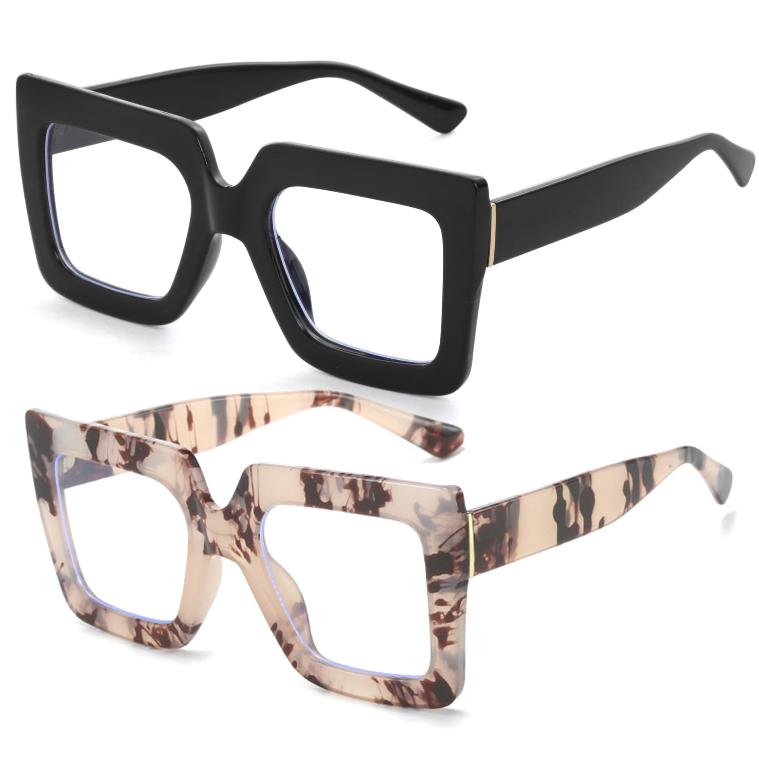 Oversized Square Glasses for Women Men Big Frame Blue Light Blocking Glasses Fashion Eyeglasses (Bright Black + Leopard)