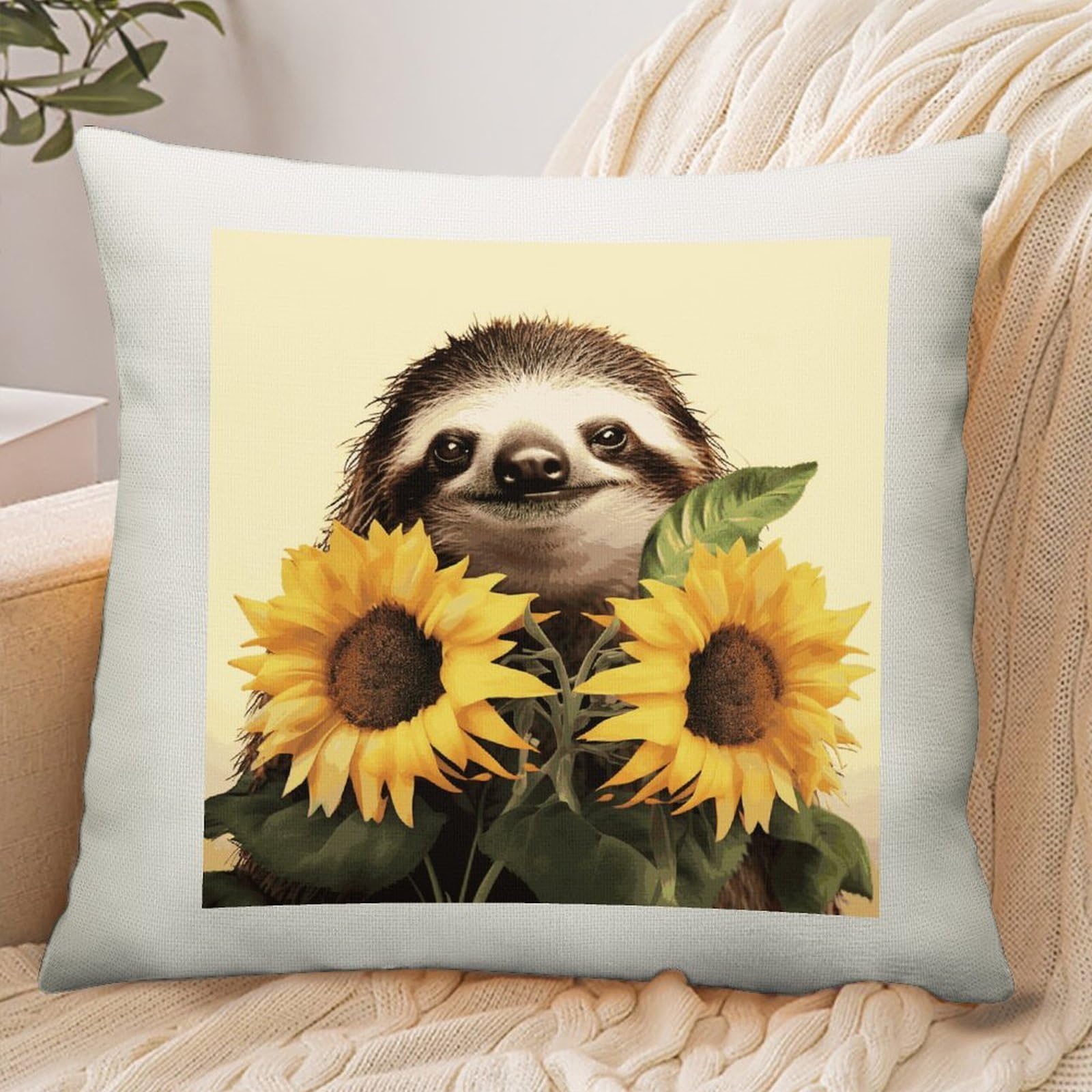 Adfgyerh Style Sloth Sunflower Pillow Cover Breathable,Pillowcases Boho Decorative Envelope Closure,Throw Pillow Covers For Beach,Patio,Balcony,Couch Living Room 18 * 18In