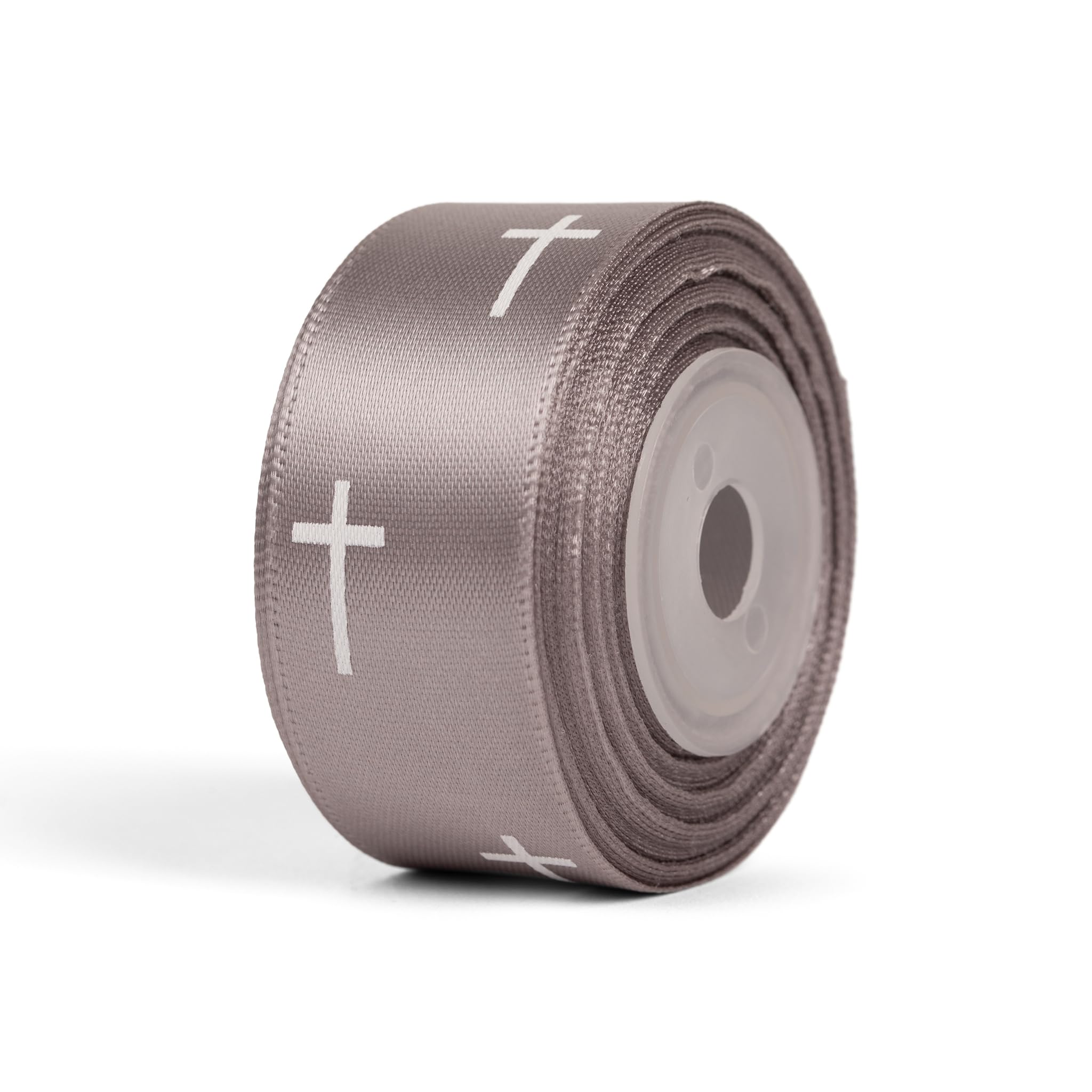 Religion Satin Ribbon for Gift Wrapping Bows Craft DIY Projects - 10 Yards - Gray with White Cross Printing - 1 Inch Width/10 Yards per roll