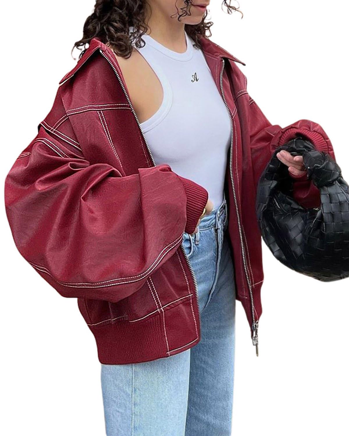 Photo 1 of utcoco Women's Faux Leather Motorcycle Jacket Oversized Zip Up Winter Coat Outerwear 2025 Fall Fashion Clothes (Medium, Red)