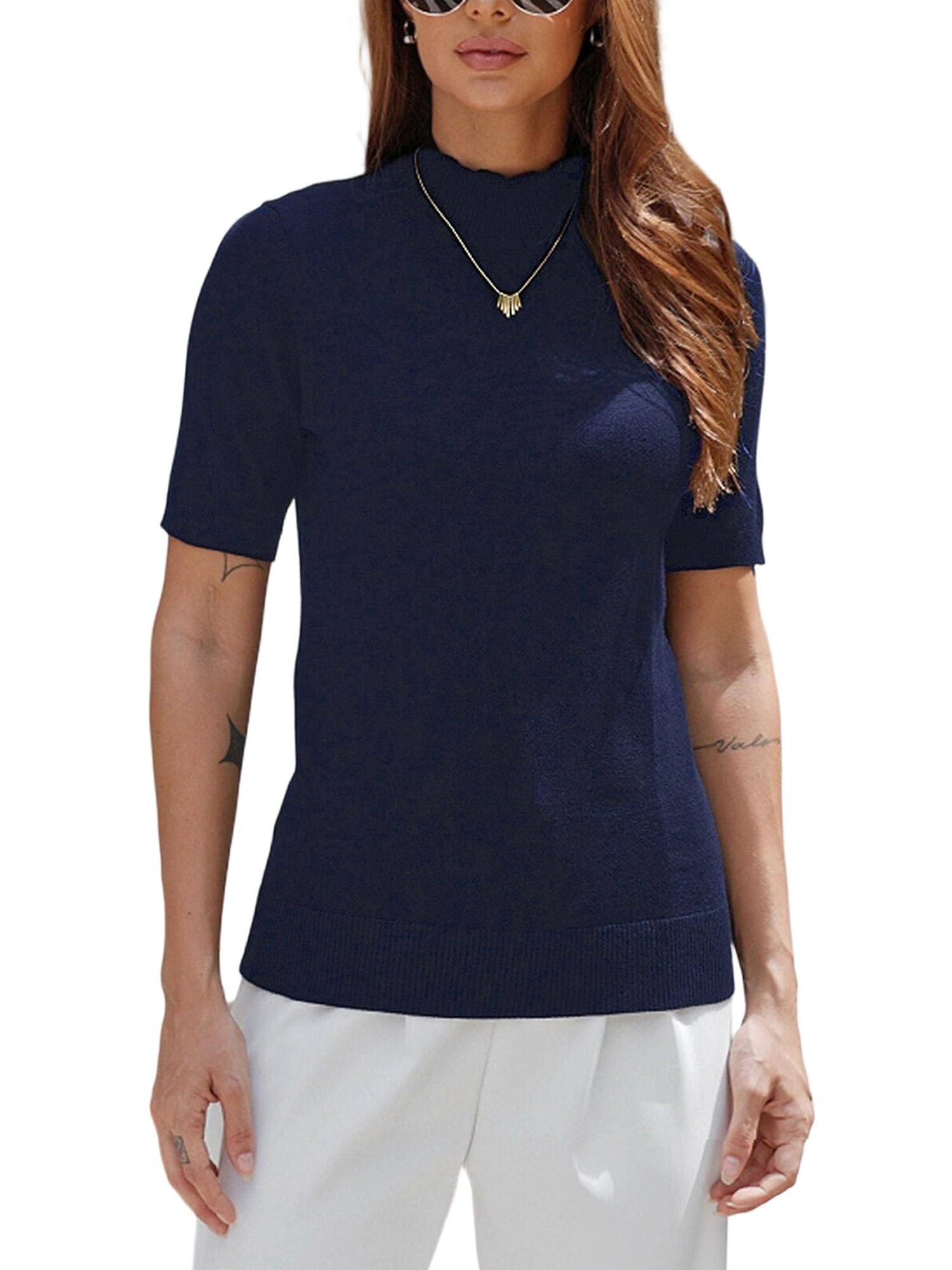 Cizayoi Short Sleeve Mock Neck Turtleneck Sweater Tops Knit T Shirts Capsule Wardrobe Essentials