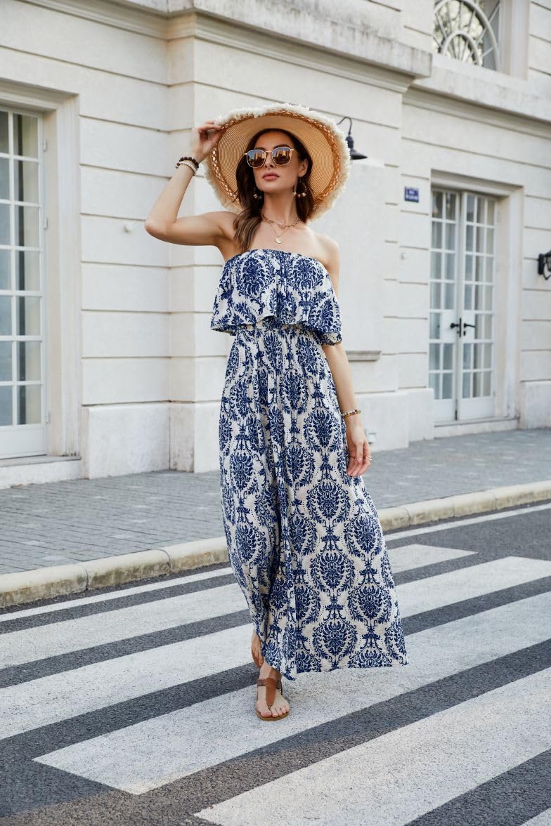 ZMPSIISA Women's Summer Off The Shoulder Maxi Dress Ruffle Strapless Blue White Porcelain Boho Casual Loose Long Dresses