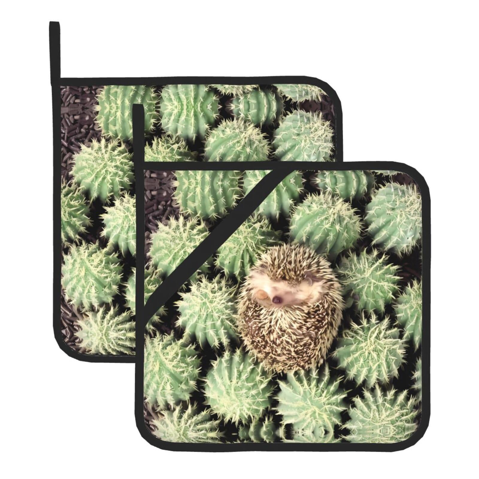 YYHHAOFA Hedgehogs Cactus Prints Square Hot Pads - Durable Kitchen Covers for Heat Resistance, Waterproof Protection & Easy Cleaning - 2-Pack with Hanging Loops
