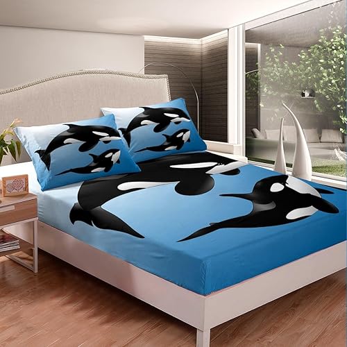 Miniatura 4 de Juego de sábanas de ballena oceánica, juego de ropa de cama de orcas con animales de mar profundo, juego de sábanas hawaianas con bolsillo profundo