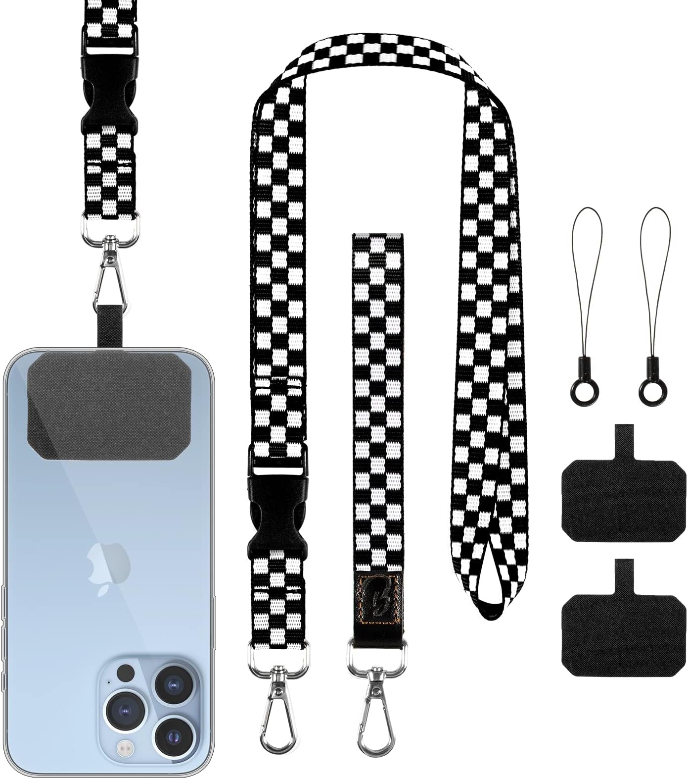 MAXCURYPhone Lanyard, Neck Strap & 2 Pack Pads & Ring Strap for Phone Case, Hand Wrist Strap Metal Key Chain Holder, Checkered Nylon Lanyard Compatible for Name Tags Badge ID Card