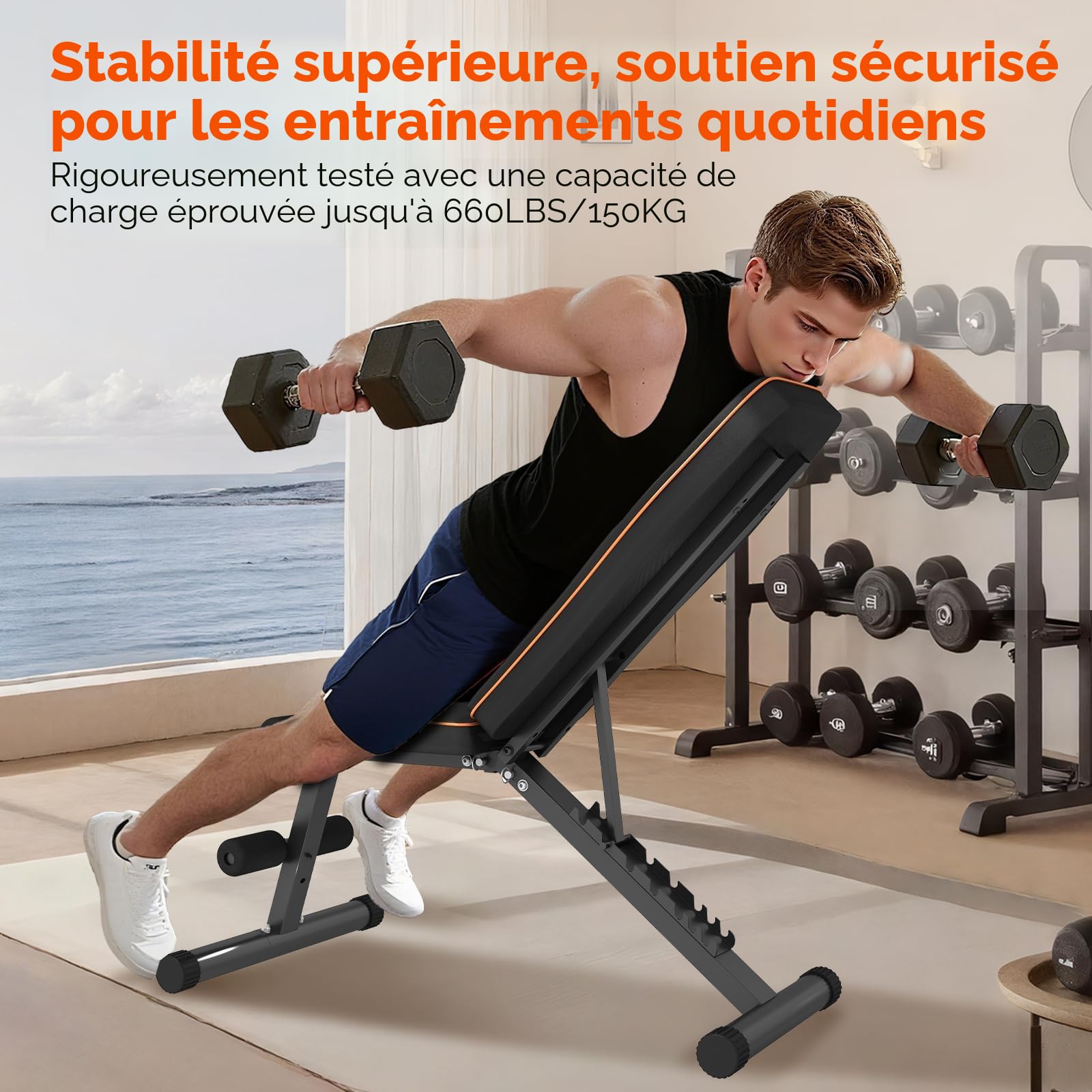 Banc de musculation réglable pliable avec dossier réglable sur 8 positions Banc de fitness Banc incliné pour un entraînement complet du corps Capacité de poids de 660 lbs