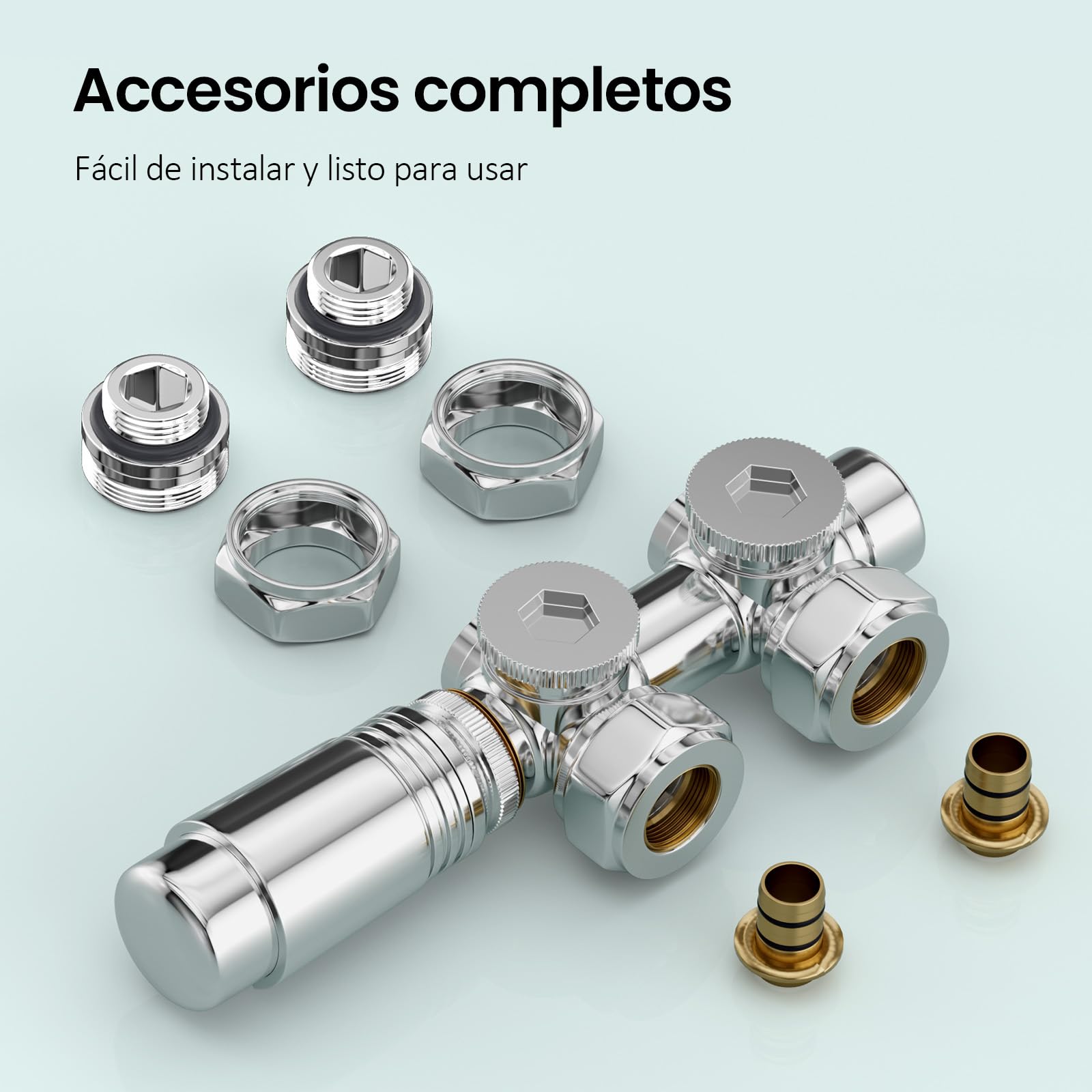 S'AFIELINA Multiblock Radiador con Válvula Termostática, Cromo 2 Pieza | Kit para Radiadores y Toalleros de Baño, Válvula de Cierre, Conexión para Tubo de Cobre 15 mm
