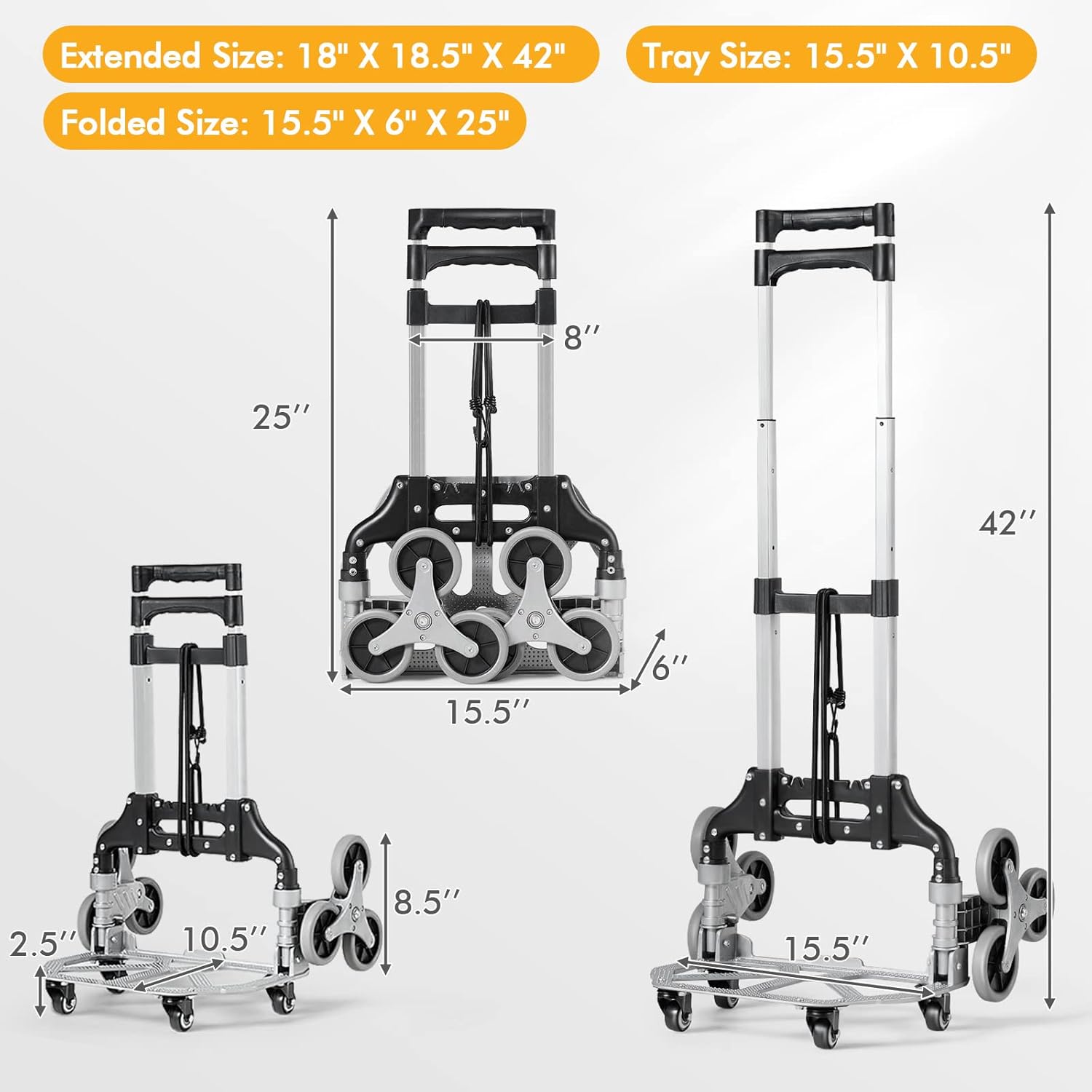 Stair Climbing Cart 180 lbs Capacity Portable Folding Hand Truck Aluminum Luggage Cart w/Bungee Cord, 6 Wheels, Telescoping Handle, Heavy Duty Climber Dolly for Shopping, Moving, Travel