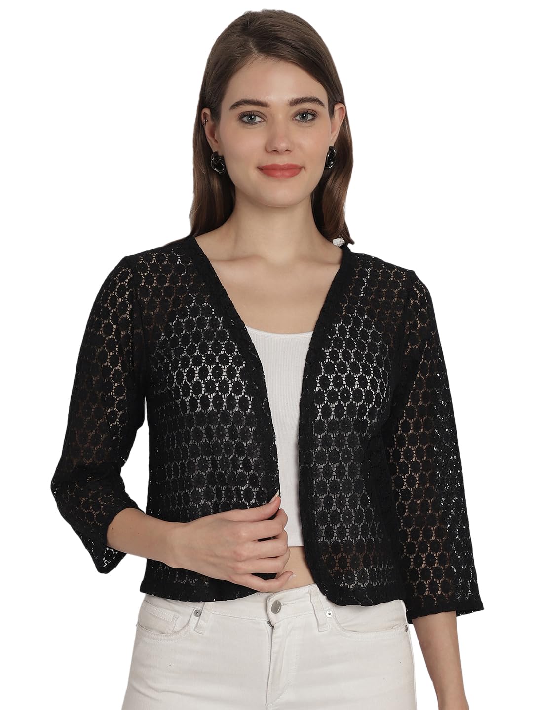 dressitude Women Front Open Self Designed 3/4th Sleeves Lace Shrug-picture-43
