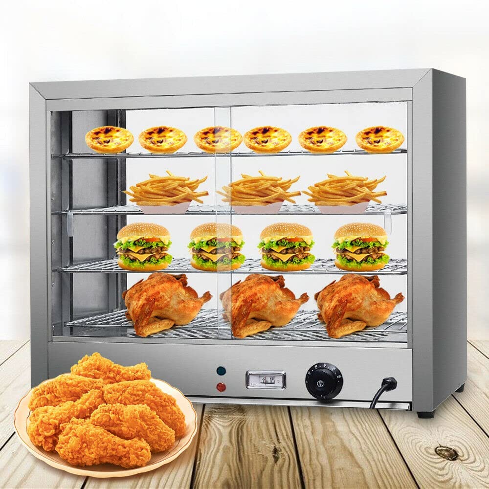 Futchoy Vetrina riscaldata con 4 telai in acciaio inox, scaldavivande commerciali, termostato regolabile da 30 °C fino a 85 °C, per mense, panetterie, 64 x 34 x 53 cm