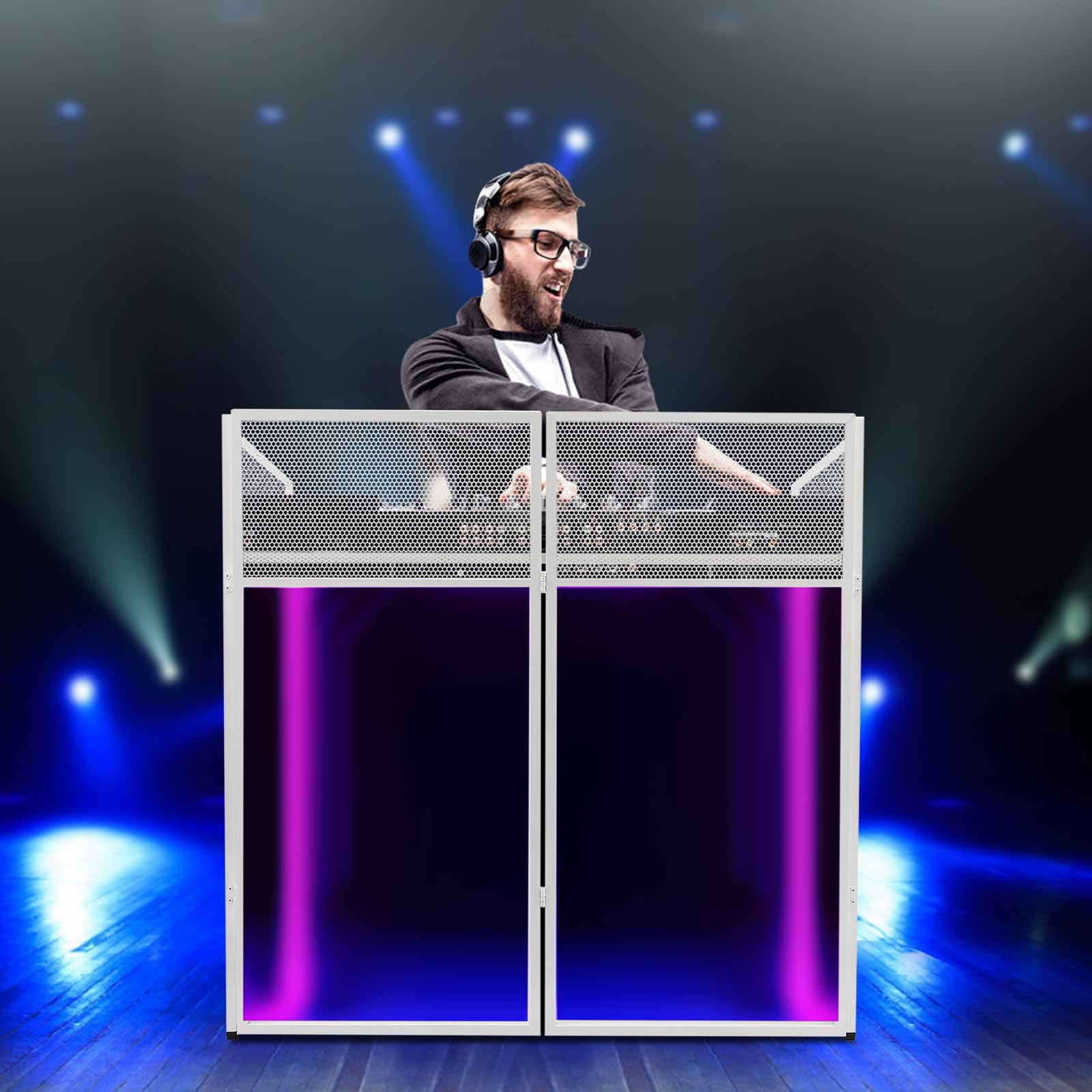 Bacacoo Portable DJ Facade Booth Table, DJ Display Stand, DJ Event Booth Facade, DJ Controller Stand for Hold Records, Mixers, Turntables, Controllers, Audio Equipment 48 * 48 * 24in (White)