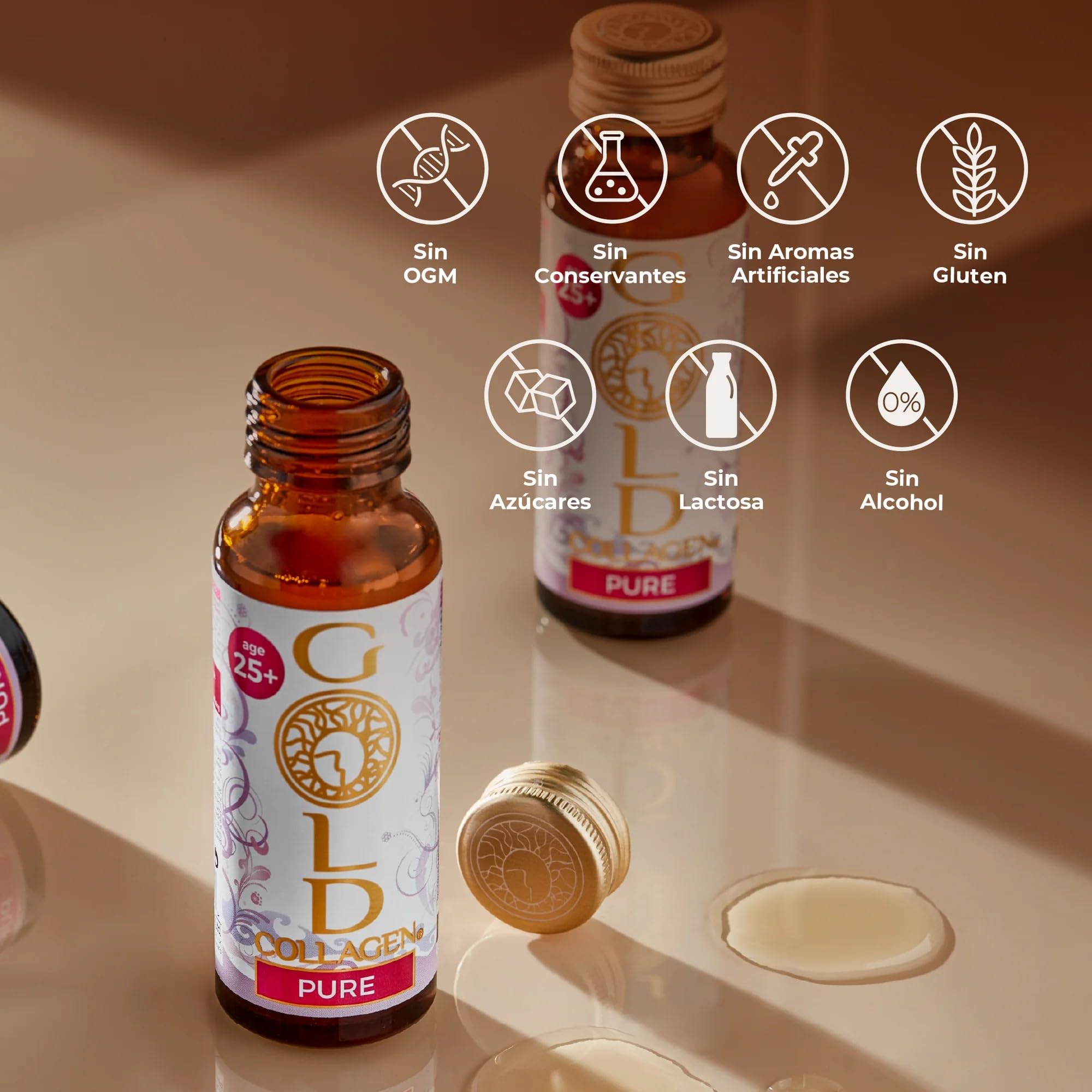GOLD COLLAGEN Pure - Complemento Líquido de Colágeno Marino Hidrolizado para Cabello, Piel y Uñas Antiarrugas y Sistema Inmunológico con Vitamina C E B6 Ácido Hialurónico Biotina Zinc, 1 Caja 10x50 ml