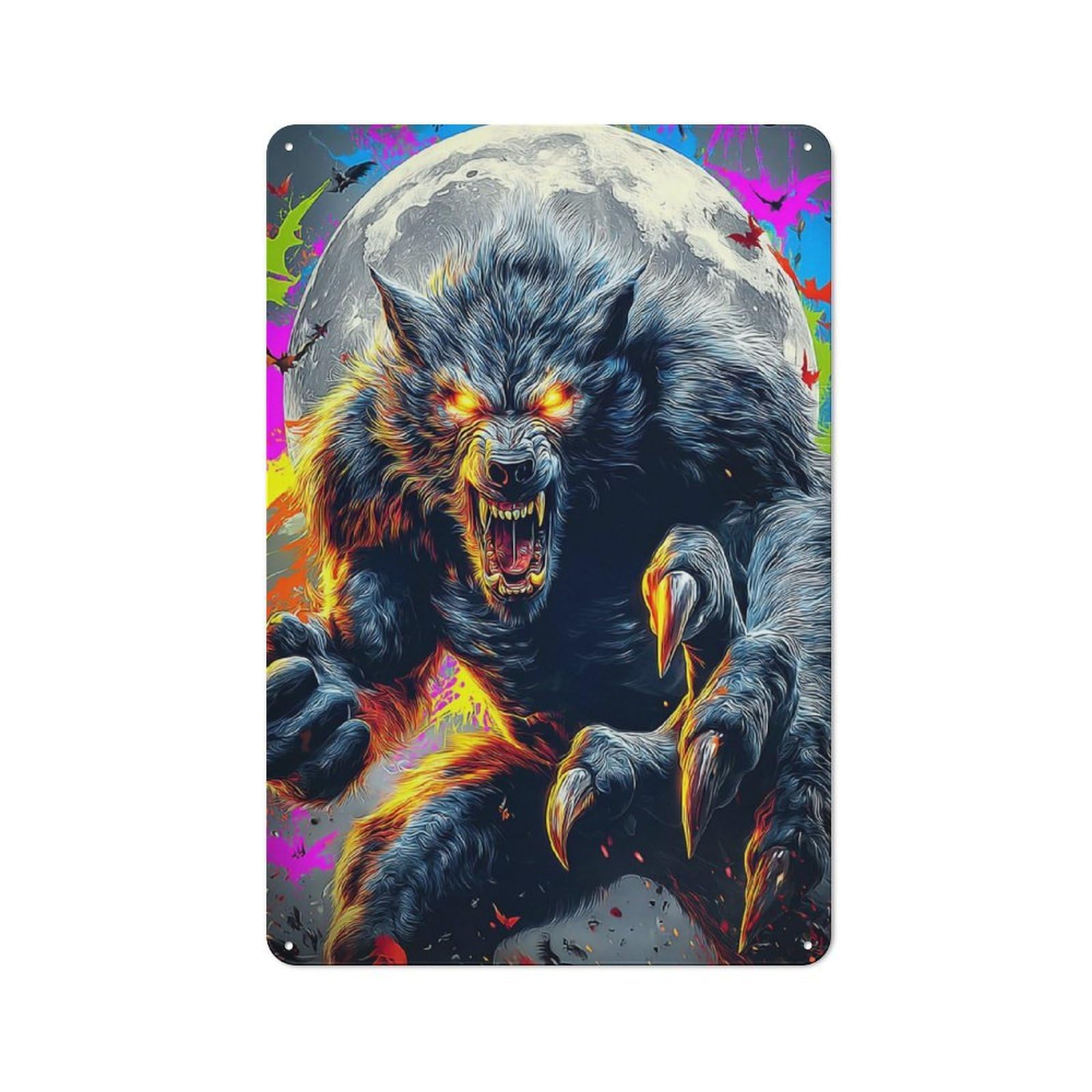 Junmoney Fiery Werewolf Under The Moonlit Sky -1 Rustic Metal Wall Sign 30X20cm For Kitchen Or Home Bar, For Garage, Workshop And Man Cave Decoration