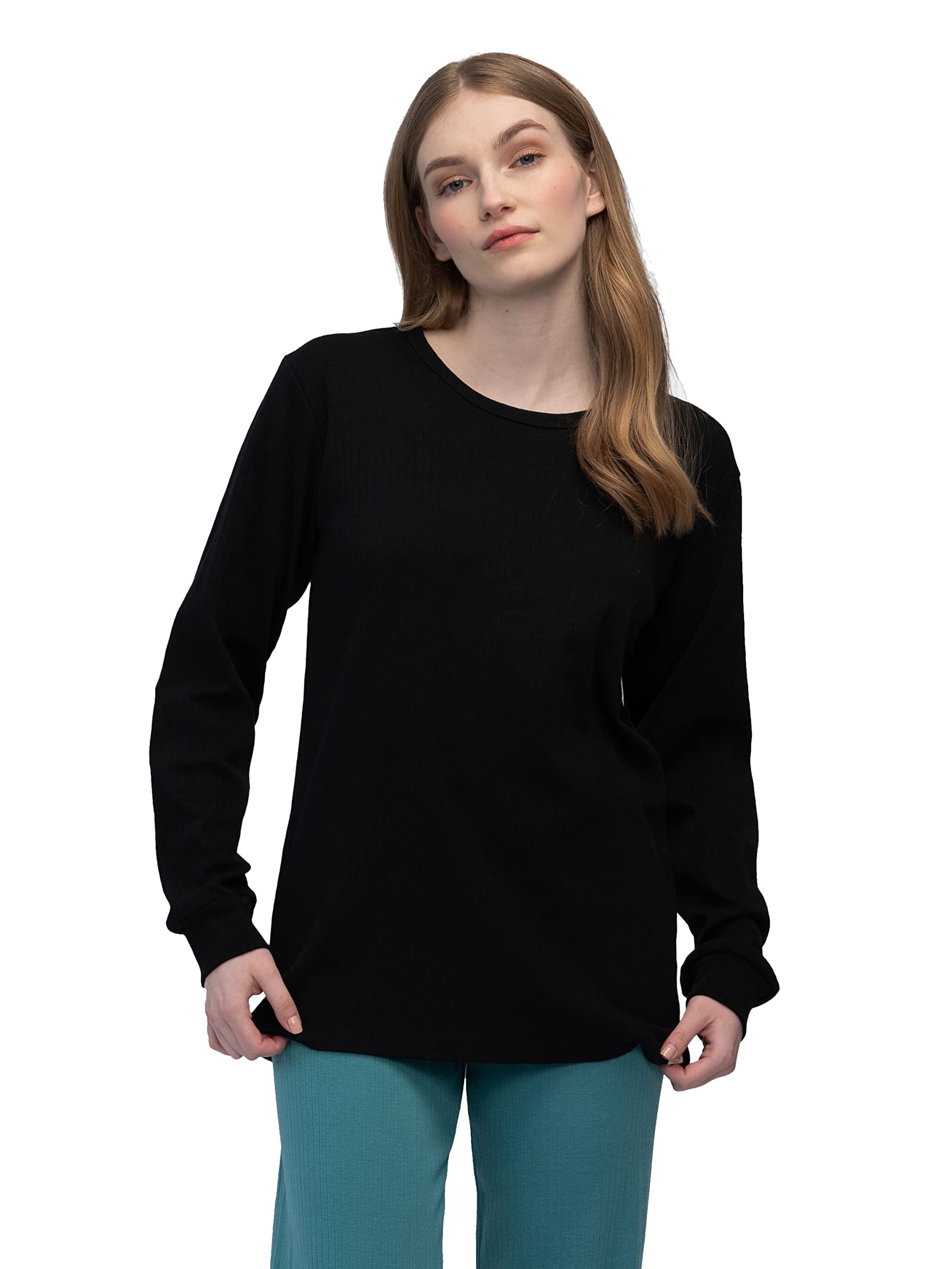 Langarm-Shirt aus Derby-Rib Camiseta de Pijama, Negro, 38 para Mujer
