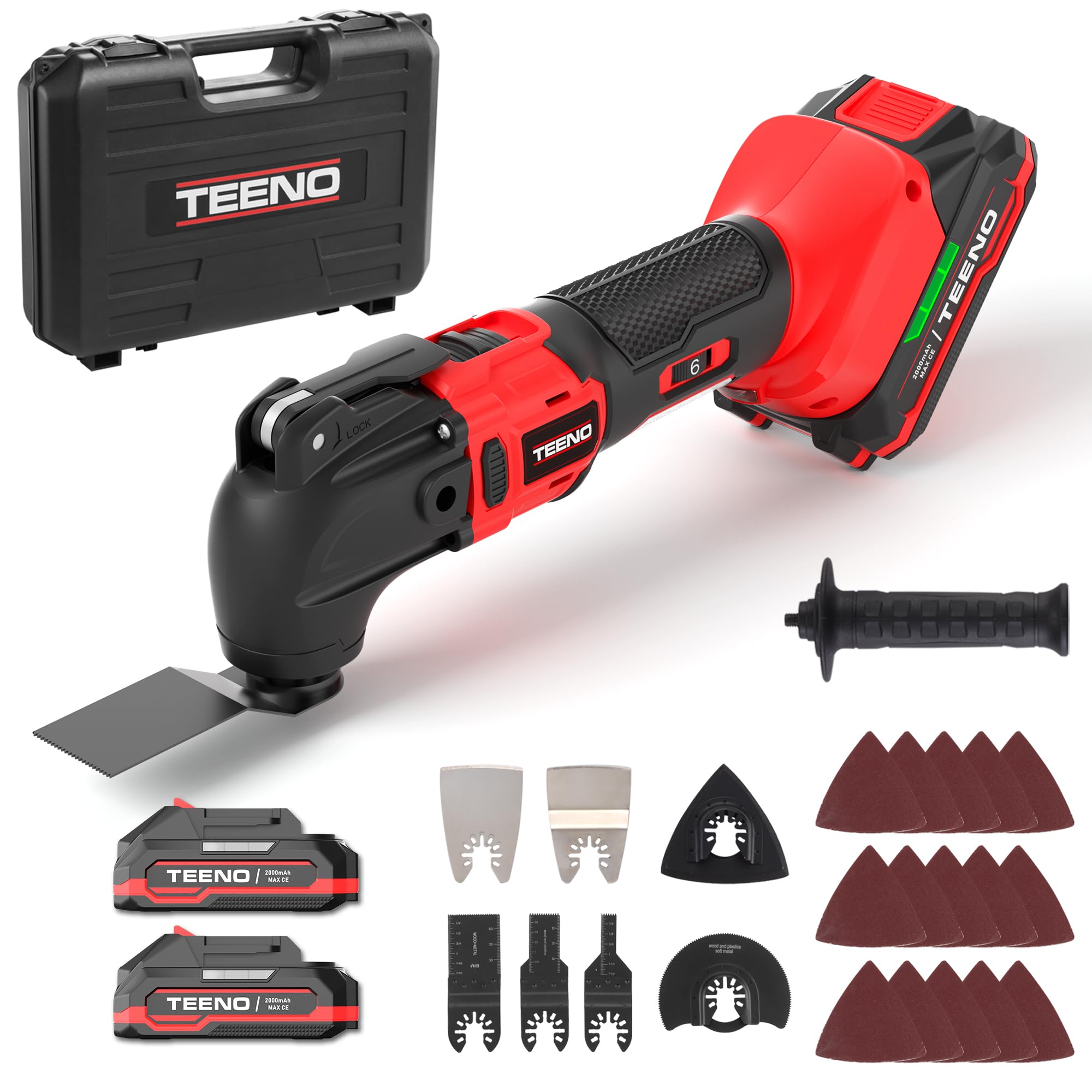 TEENO Multiutensile oscillante, 20V Brushless strumento multifunzione con 6 velocità, 8500-21000 giri/min, 25 accessori, strumenti oscillanti per tagliare, levigare e lucidatura (2*batterie)