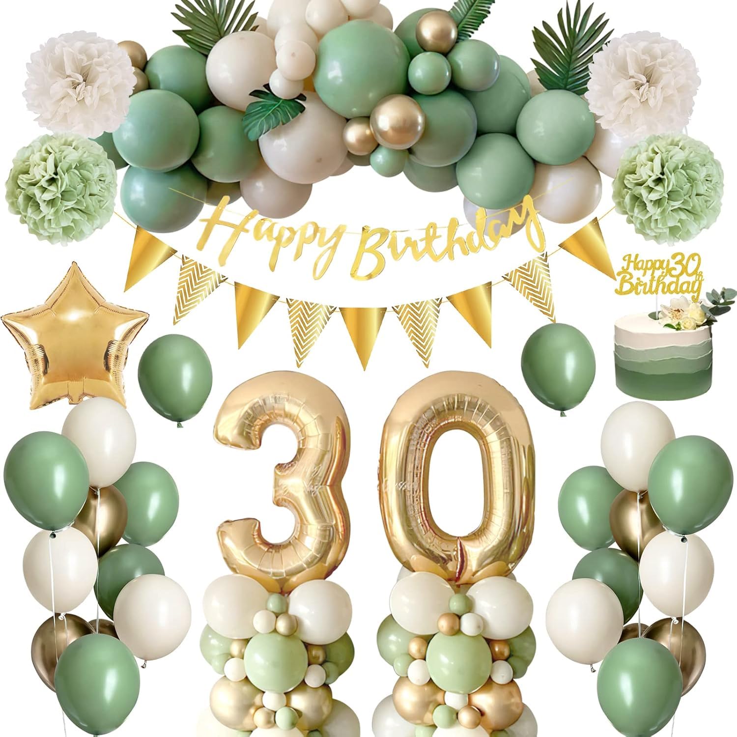 Deko 30 Geburtstag Frau Mann,Rainllon Geburtstagsdeko 30 Männer Frauen,30 Geburtstag Frauen Avocado Grüne Gold Luftballons mit Happy Birthday Banner,Pompoms für Frau Mann 30. Geburtstags Dekorationen