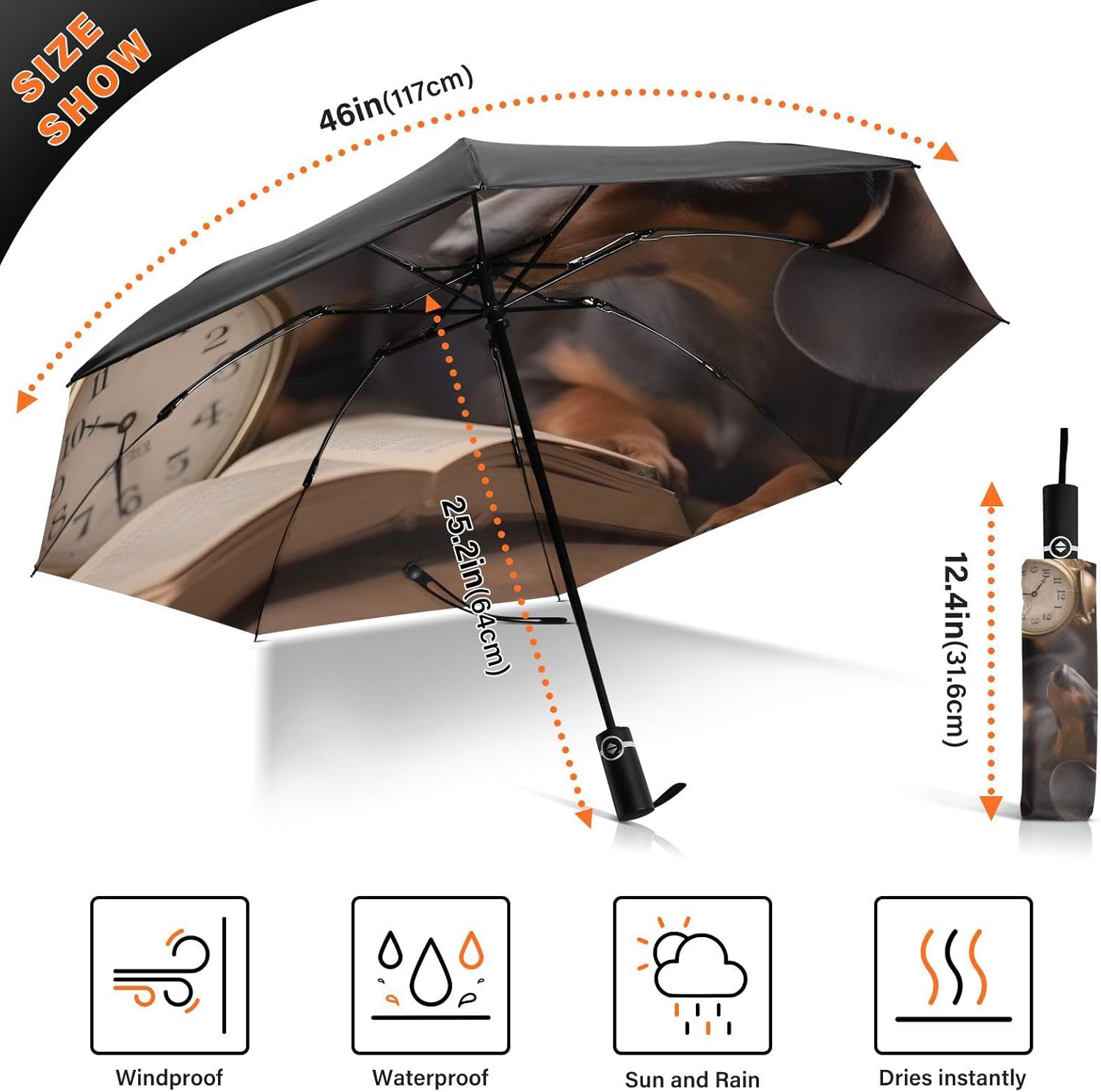 UV Protection Travel Umbrella Dachshund Clock Books Compact for Rain and Sun - One-Click Automatic Open and Close UPF 50+ Windproof Portable 46” Sun Umbrella for Women Men