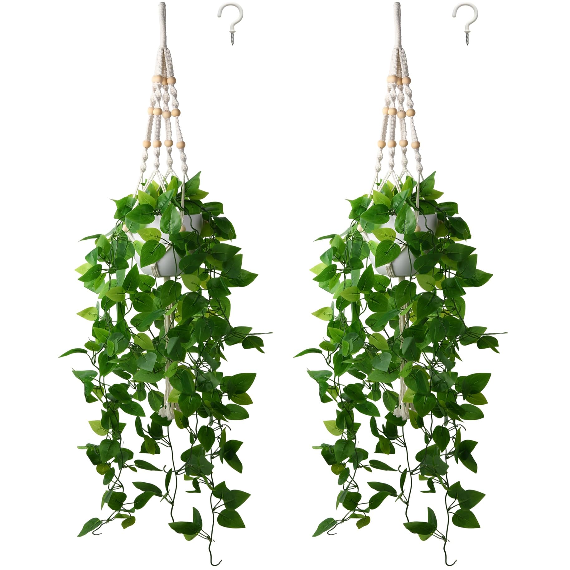 2 Packs Fake Hanging Plant with Pot, Artificial Hanging Plants with Macrame Hanger, Faux Hanging Greenery Ivy Vine for Bedroom, Home, Office Decor