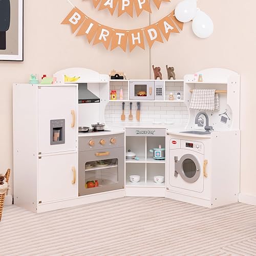 Miniatura 2 de HONEY JOY Juego de cocina esquinera para niños, cocina de madera definitiva para niños pequeños, lavadora, máquina de hielo, fregadero, microondas,
