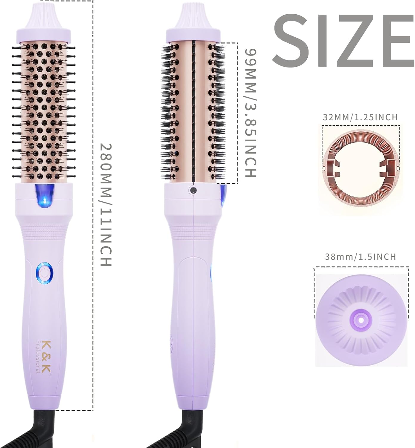 K&K 1.25 Inch Ceramic Tourmaline Ionic Heated Round Brush Curling Brush Creates Blowout Look -Creates Root Volume & Loose Curls Volume Curls Dual Voltage Hair Styling Tool (Purple, 1.25 Inch) Purple 1.25 Inch image 7 of 7 B0CD2GHLC6
