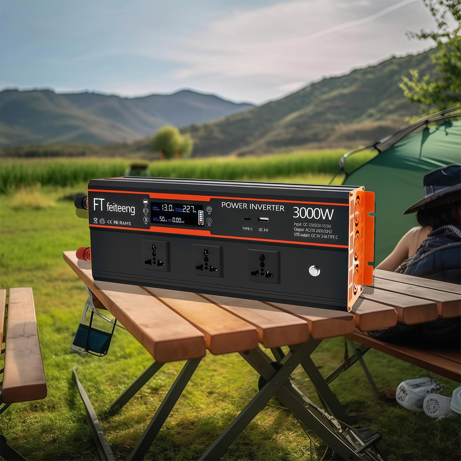 3000W Wechselrichter, 12 V auf 230 V, mit LCD-Display, 3 Universa lsteckdosen sowie USB-Typ-C- und QC 3.0-Anschlüssen für Wohnmobile, LKW und Caravans