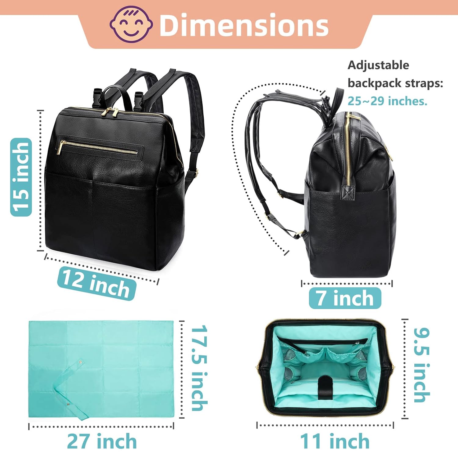 MOMINSIDE Diaper Bag Backpack, Leather Backpack with 16 Pockets for Mom Dad, Baby Registry Search, Fits 15 Inch Laptop, 4 Insulated Pockets, Silver Zipper, Black