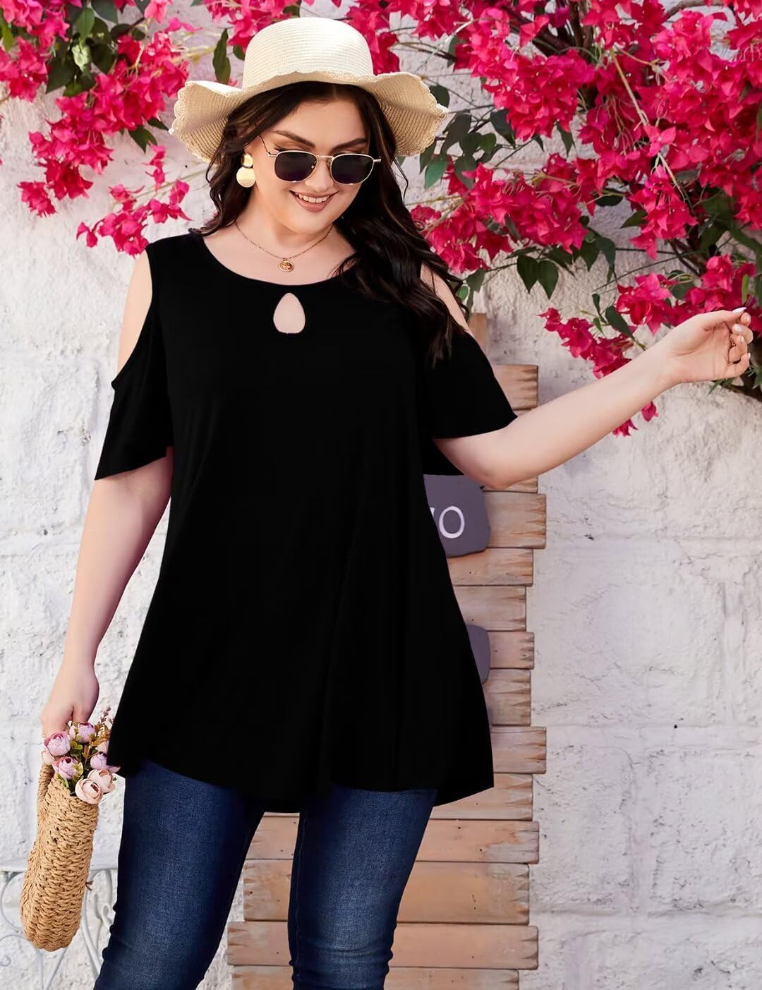 MONNURO Plus Size Cold Shoulder Tops For Women Sexy Ruffle Short Sleeve Tunic - Image 3