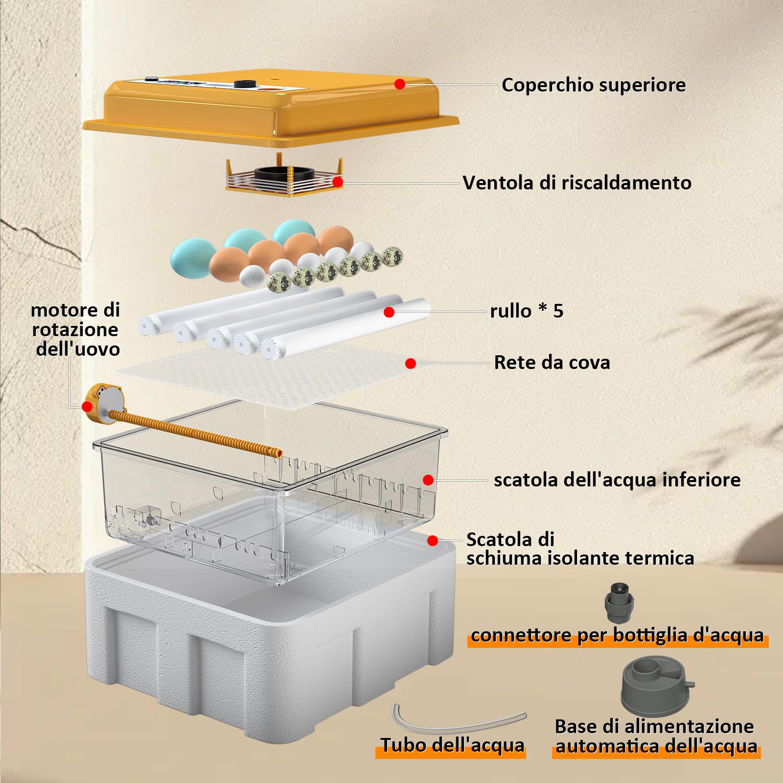 Incubatrice per Uova con Controllo della Temperatura e Rotazione Automatica per 16 uova, Incubatrice per Uova Automatica con rulli regolabili e aggiunta automatica di acqua