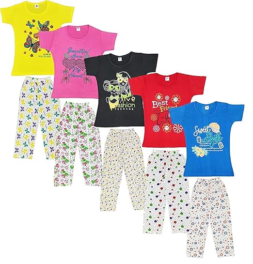 CRAZYON Girls Cotton Printed Pyjama Set Pack of 5