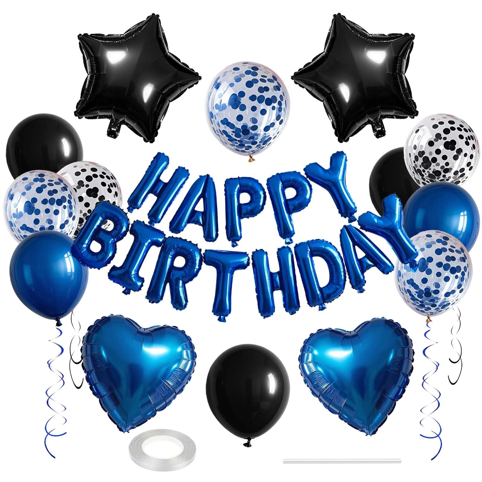 WEIKA 27 Pcs Blue Black Birthday Decorations, 3D Letters Blue Happy Birthday Balloon Banner, Pentagram Heart Foil Balloons Confetti Balloons Kit For