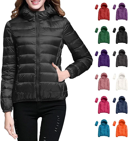 Womens Puffer Jacket Black Lightweight Packable Long Sleeve Down Jackets Hood Pockets Fall Winter Warm Coats Hiking Outwear Small