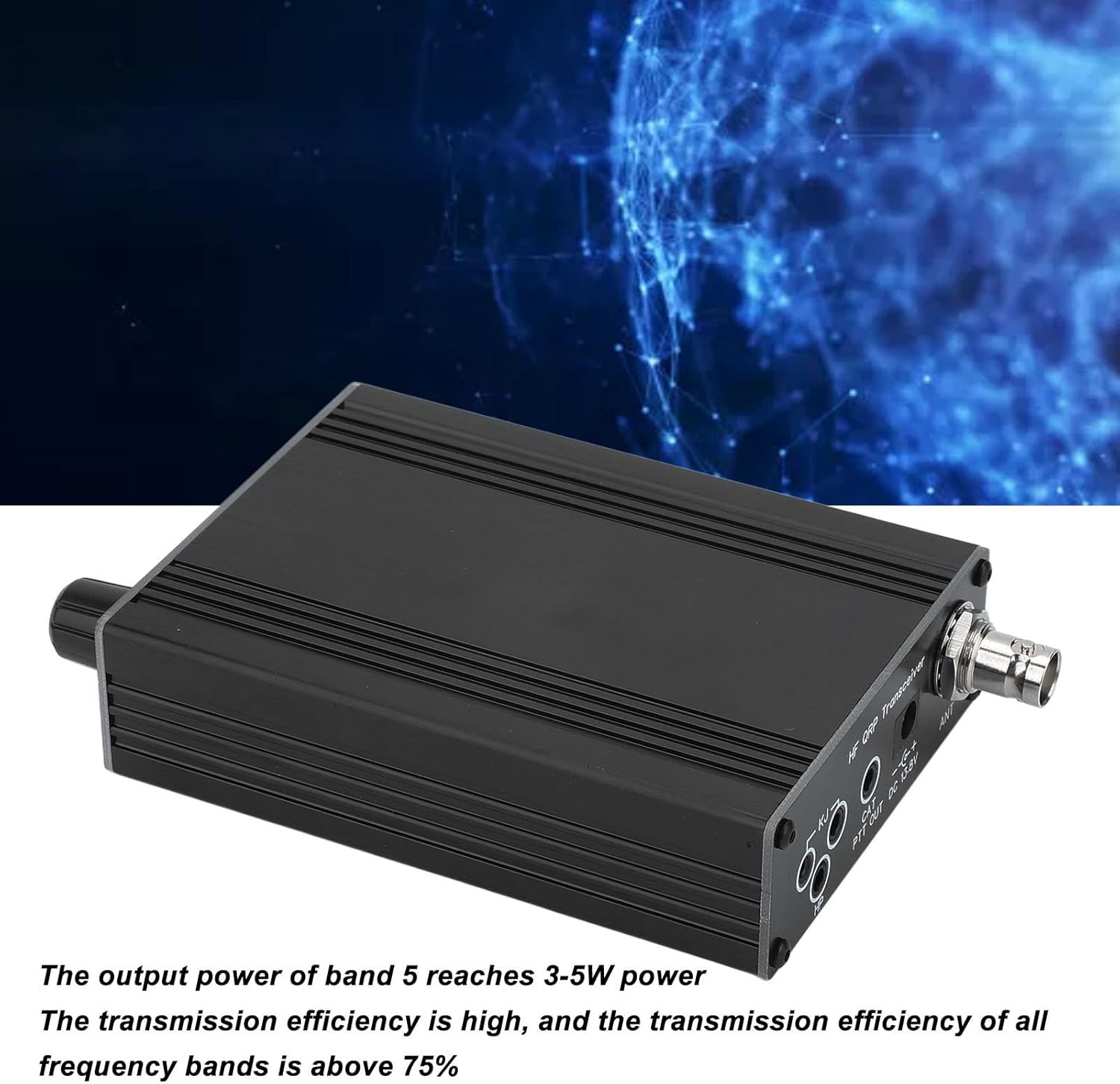 Angled view of the transceiver highlighting output power and transmission efficiency