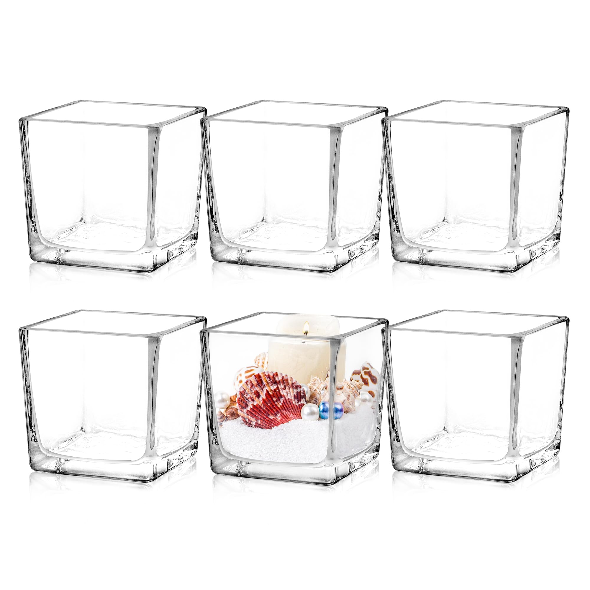 Set of 6 Square Glass Vases 3" x3" x 3", Clear Flower Vases for Centerpieces, Candle Holder for Wedding Party Events, Home Décor