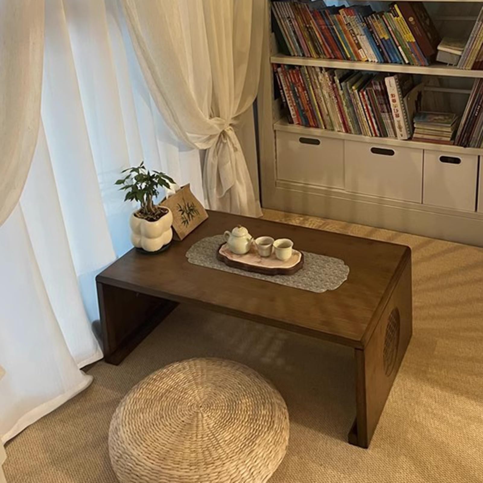 Table de méditation en bois naturel massif, meuble bas japonais traditionnel de salon