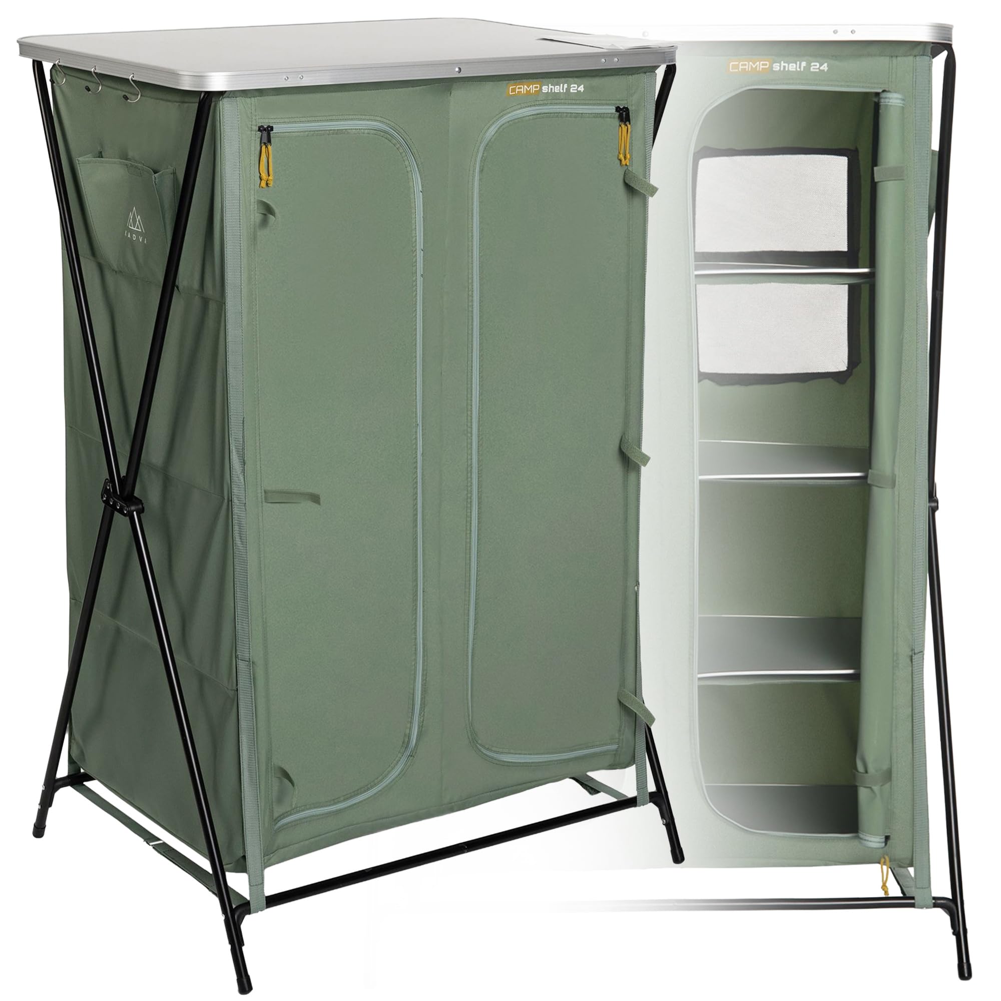 KADVA Camping Schrank CAMPShelf 24 Maße 66,5x90x139 cm Campingschrank aus strapazierfähigem Material Leichte und stabile Konstruktion Einfach aufzubauen und zu transportieren Farbe Grün